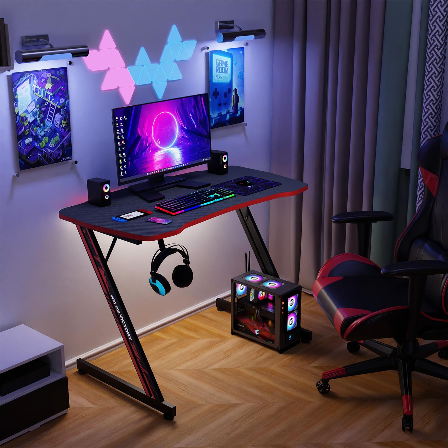 Ruesleag 39 Inch Gaming Desk Ergonomic Home Office Desk Z-Shaped Computer Desk PC Workstation Modern Simple Study Table w/Headphone Hook Adjustable Leveling Foot Spacious Desktop,(Red)