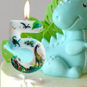 5th Birthday Candle Dinosaur Number 5 Candle Dinosaur Cake Decoration Birthday Party Supplies White Jurassic Period Dinosaur Themed Cake Topper Decorations for Kids Boy Girl Party Decor Supplies