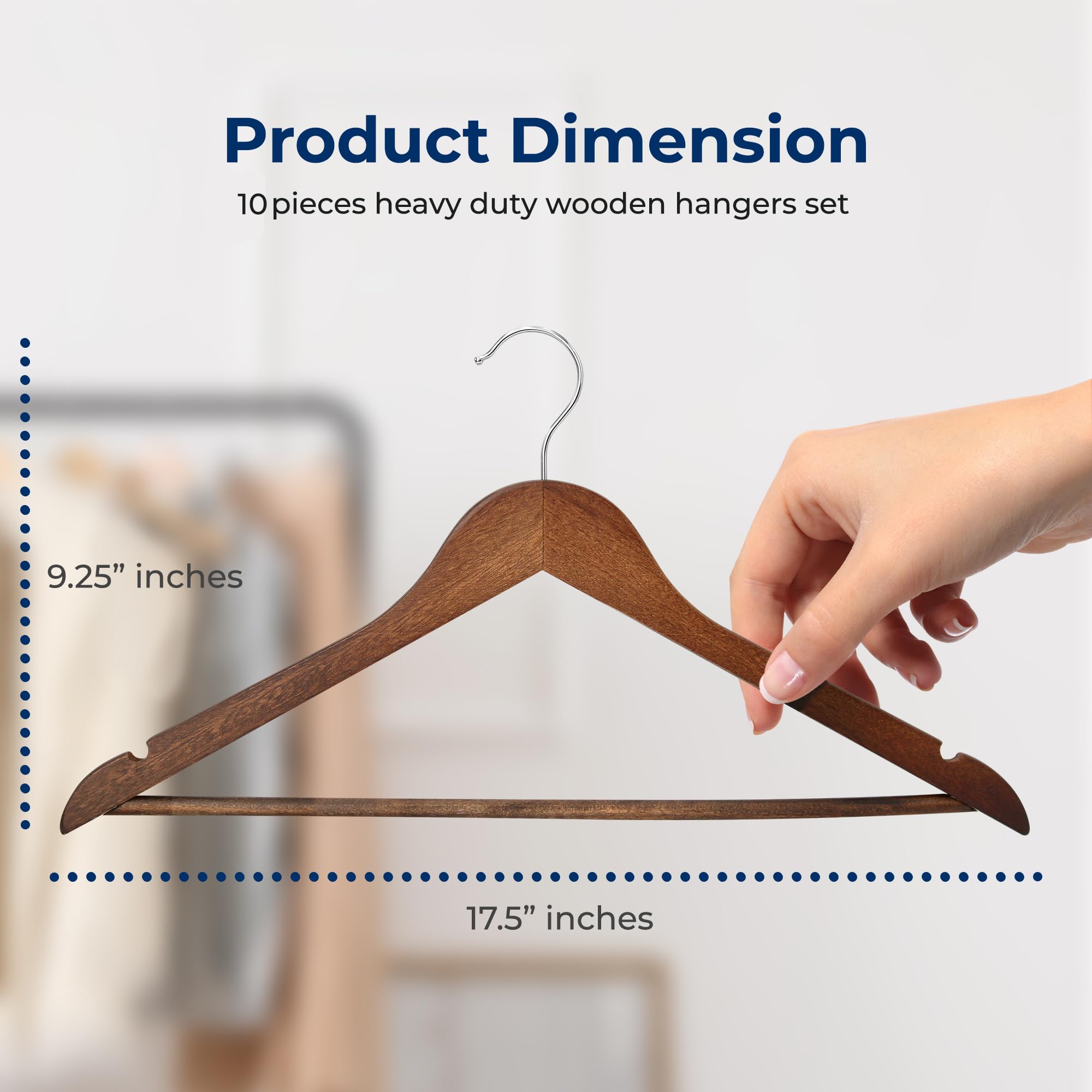 SereneLife Wooden Hangers 10 Pack, Non-Slip, Sturdy, Heavy Duty Suit Hanger Set with 360° Chrome Swivel Hook, Space-Saving Wood Hangers Closet Organizer for Clothes, Coat, Pants, Dress (Vintage)