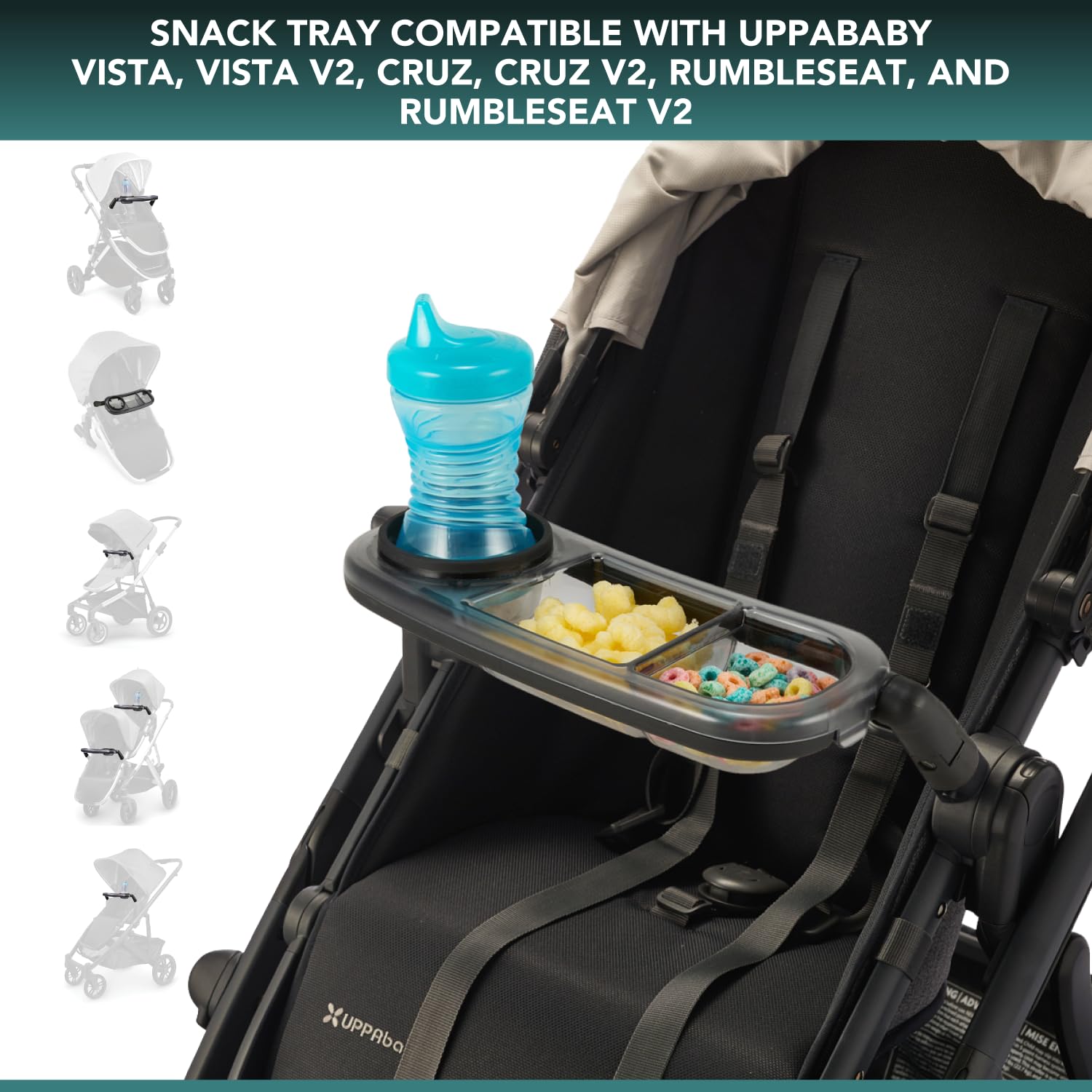 Snack Tray Compatible with Uppababy Vista V2, Vista, Cruz, Cruz V2, RumbleSeat, RumbleSeat V2, Updated Snack Tray with 2 Large Snack compartments and Round Cup Holder, Folds with Stroller