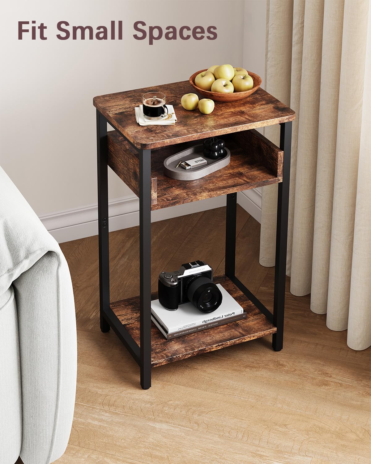 KJGKK Side Table, 25 inch High End Table, Small Bedside Table for Living Room, Bedroom and Office, Rustic Brown & Black