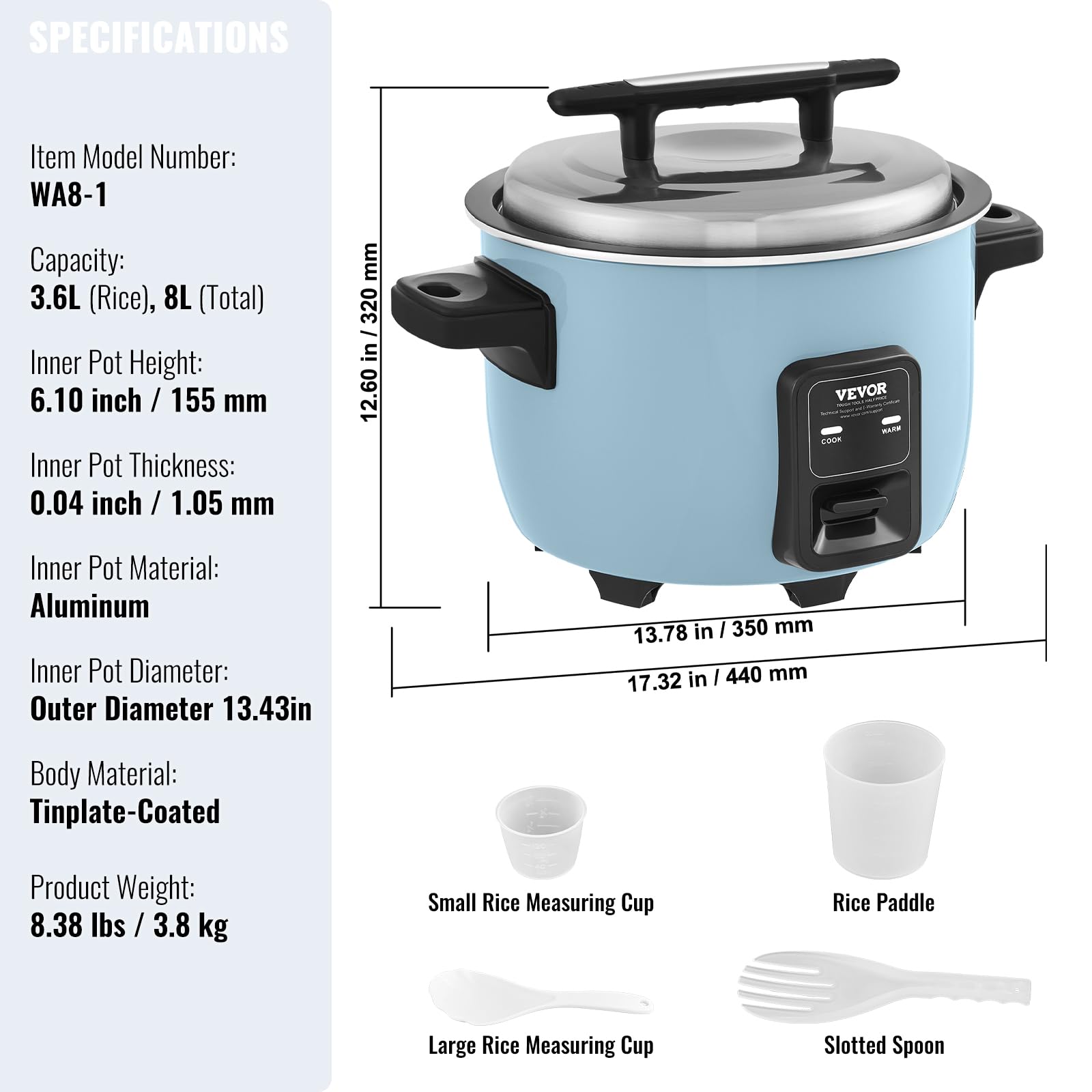 VEVOR Commercial Rice Cooker, 8.45Qt/40 Cups Cooked Rice, Large Rice Cooker and Warmer with Nonstick Inner Pot, Fast Cooking and 24-Hour Keep Warm, with Rice Cup and Paddle, for Restaurant