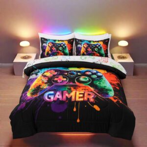 meeting story game comforter set for boys, twin size 5-piece gaming bedding sets for kids teens, colorful video game gaming quilt with two pillowcases(black)