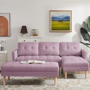 oaaktu 81" Sectional Sleeper Sofa，4 Seat U-Shaped Sofa Couch with Linen Fabric and Double Chaises, Modern Living Room Furniture Sets for Apartment (Pink)