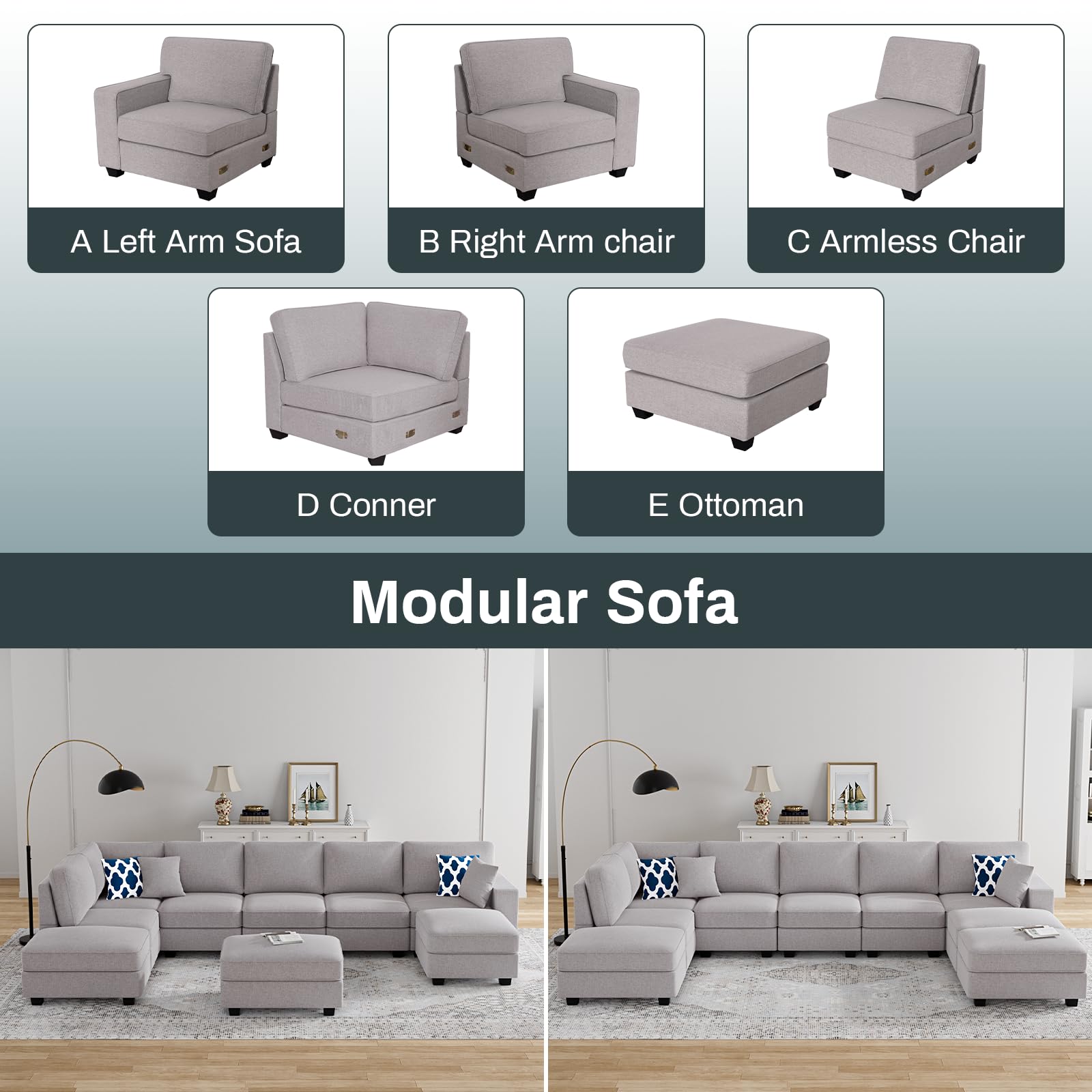 L Lengend Vansen Modular Sectional Sofa U Shaped Sofa Couch with Ottoman Modern Reversible Corner Sectional Couch for Living Room (Light Grey, U Shaped Sofa-4)