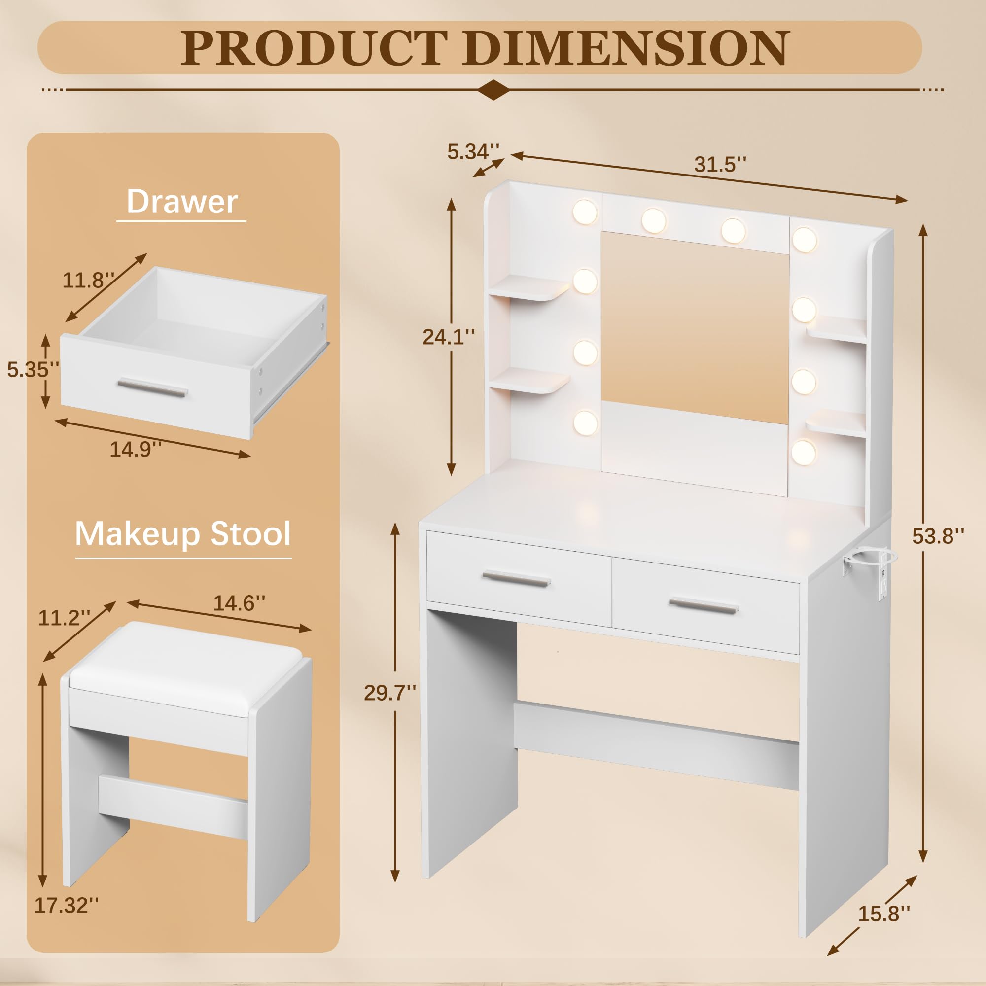 Furmax Make up Vanity Desk with Mirror and Power Outlet, Vanity with 3 Color Light Options Adjustable Brightness,Vanity Desk with 2 Drawers, 6 Storage Shelves (White, with Bench)