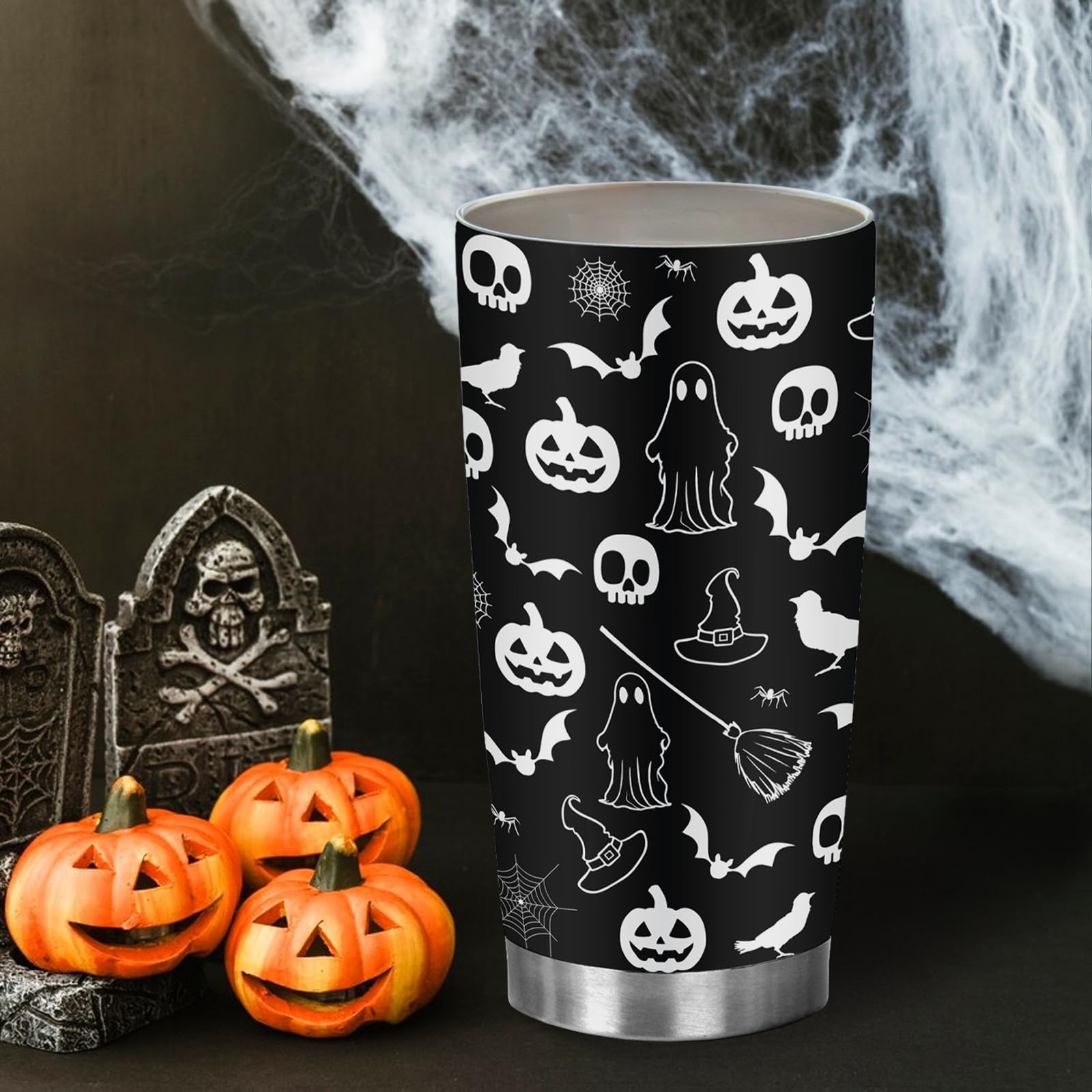 FatWongcoi Halloween Tumbler - Horror Halloween Cups for Women - 20oz Wizard Hat Ghost Skull Bat Stainless Steel Tumbler - Gothic Gift for Her - Spooky Coffee Mug for Friend