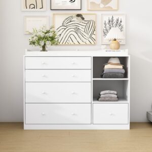 TAMUNE Dresser with 5 Drawers, White Chest of Drawers with Open Shelves, Modern 5 Drawer Chest with Knobs, 5 Drawer Dresser Cabinet for Bedroom Living Room, 19.7”D x 47.2”W x 36.1”H