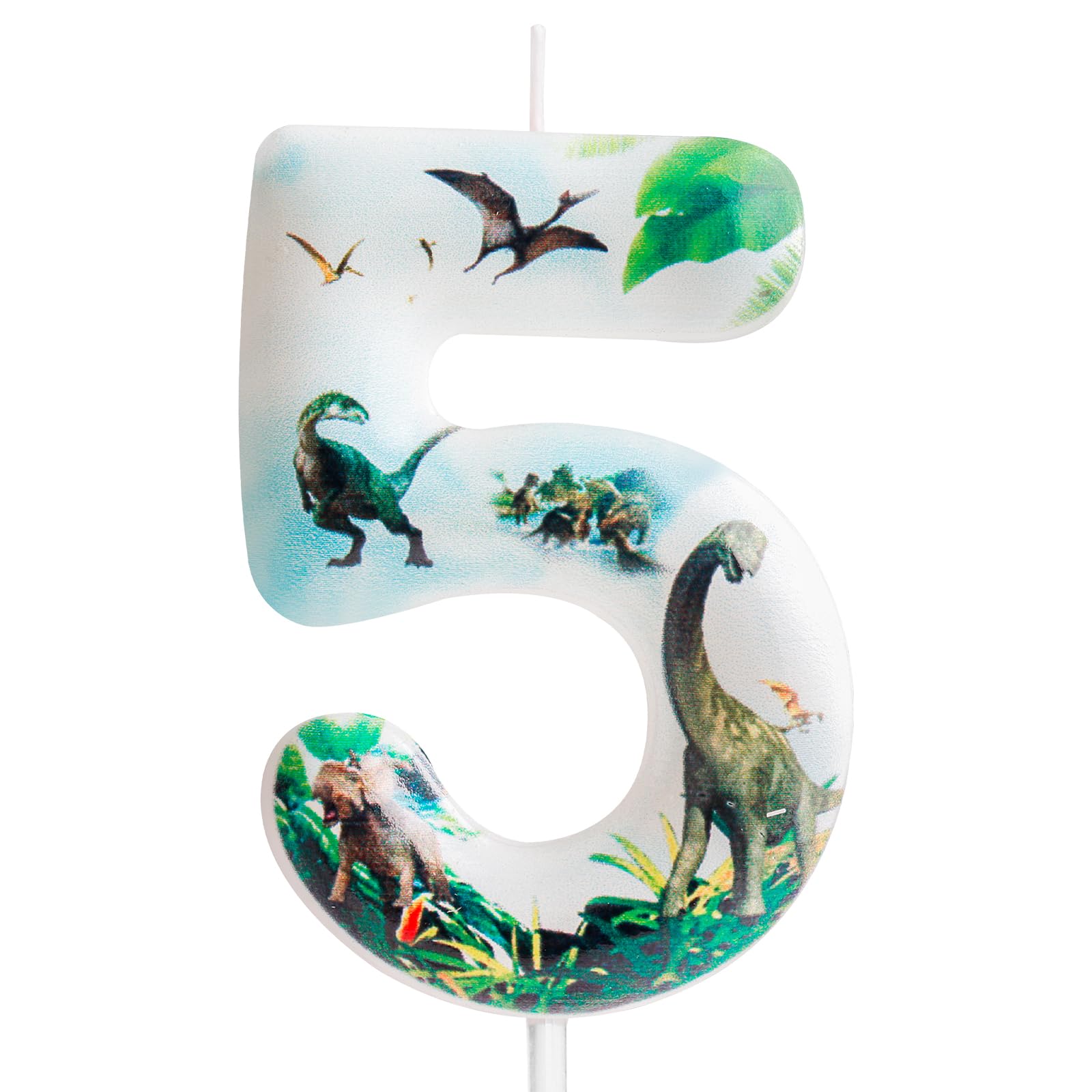 5th Birthday Candle Dinosaur Number 5 Candle Dinosaur Cake Decoration Birthday Party Supplies White Jurassic Period Dinosaur Themed Cake Topper Decorations for Kids Boy Girl Party Decor Supplies