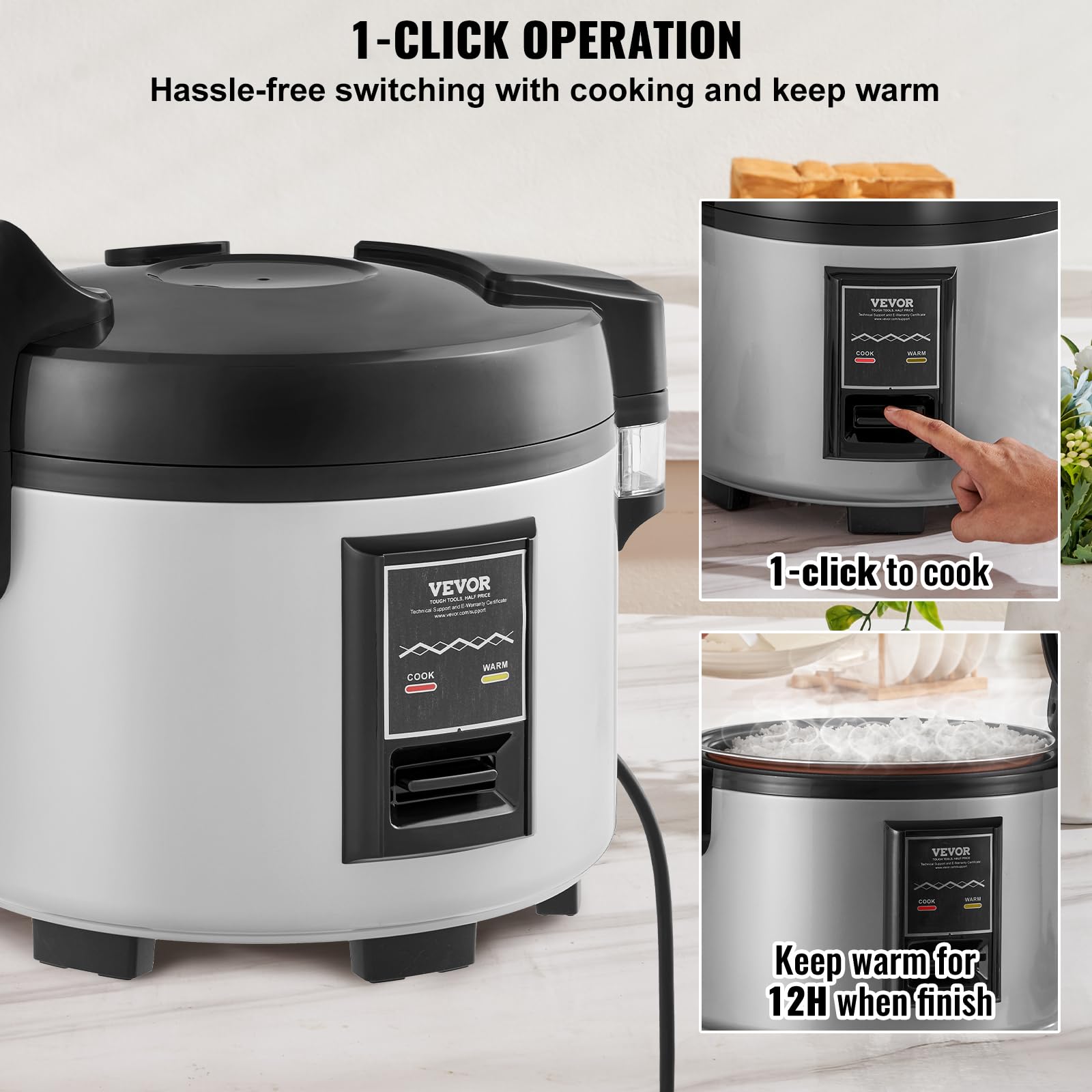 VEVOR Commercial Rice Cooker, 13.74Qt/60 Cups Cooked Rice, Large Rice Cooker and Warmer with Nonstick Inner Pot, Fast Cooking and 12-Hour Keep Warm, with Rice Cup and Paddle, for Restaurant