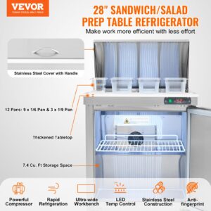 VEVOR 28" Commercial Refrigerator Sandwich & Salad Prep Table, 7.4 Cu. Ft Stainless Steel Refrigerated Food Prep Station with 12 Pans, Cut Board, Frost Free Refrigerator with Lock for Restaurant