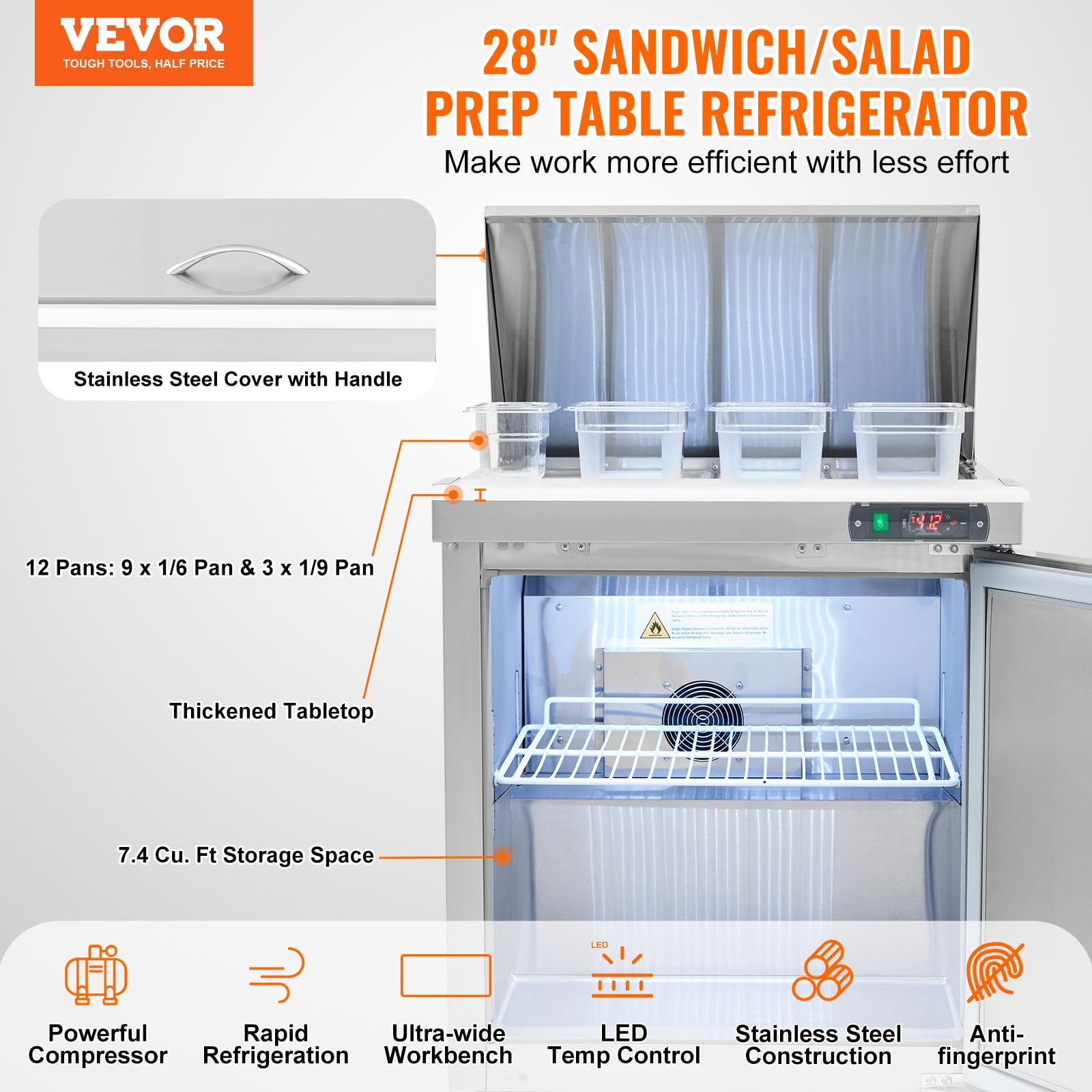 VEVOR 28" Commercial Refrigerator Sandwich & Salad Prep Table, 7.4 Cu. Ft Stainless Steel Refrigerated Food Prep Station with 12 Pans, Cut Board, Frost Free Refrigerator with Lock for Restaurant