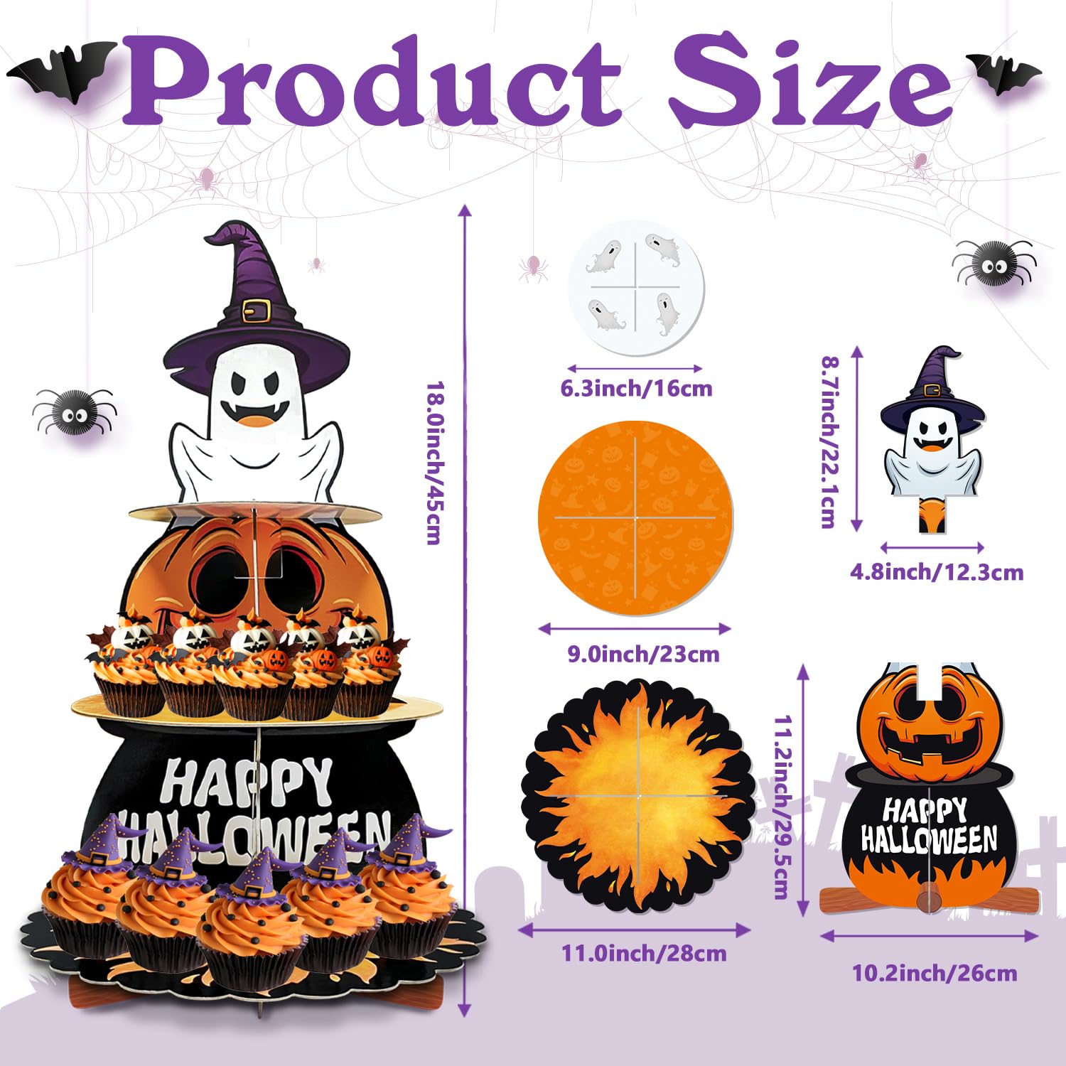 HIENAJ Halloween 3 Tier Cupcake Stand,Halloween cute Ghost Cupcake Holder Tower,Halloween Pumpkin Orange Cardboard Cake Dessert Stand,Birthday Party Supplies Halloween Carnival Decoration (Great size