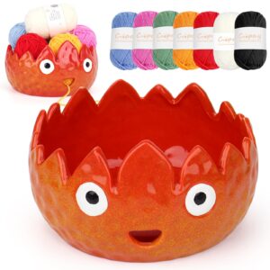 coopay flame yarn bowl for crocheting/knitting, cute yarn storage bowl with 7pcs yarn, large size ceramic yarn bowl crochet knitting bowl for beginners, great knitting crochet gift (6.8in)