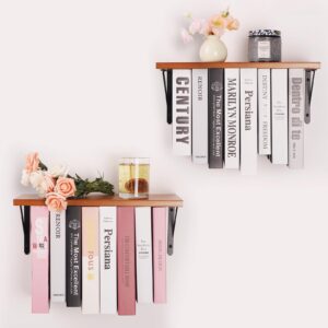 yebicola wood floating bookshelves set of 2 - double storage unique wall bookshelf - floating book shelves for wall - suitable for living room, bedroom, office - log color - 16d x 6.7w inch