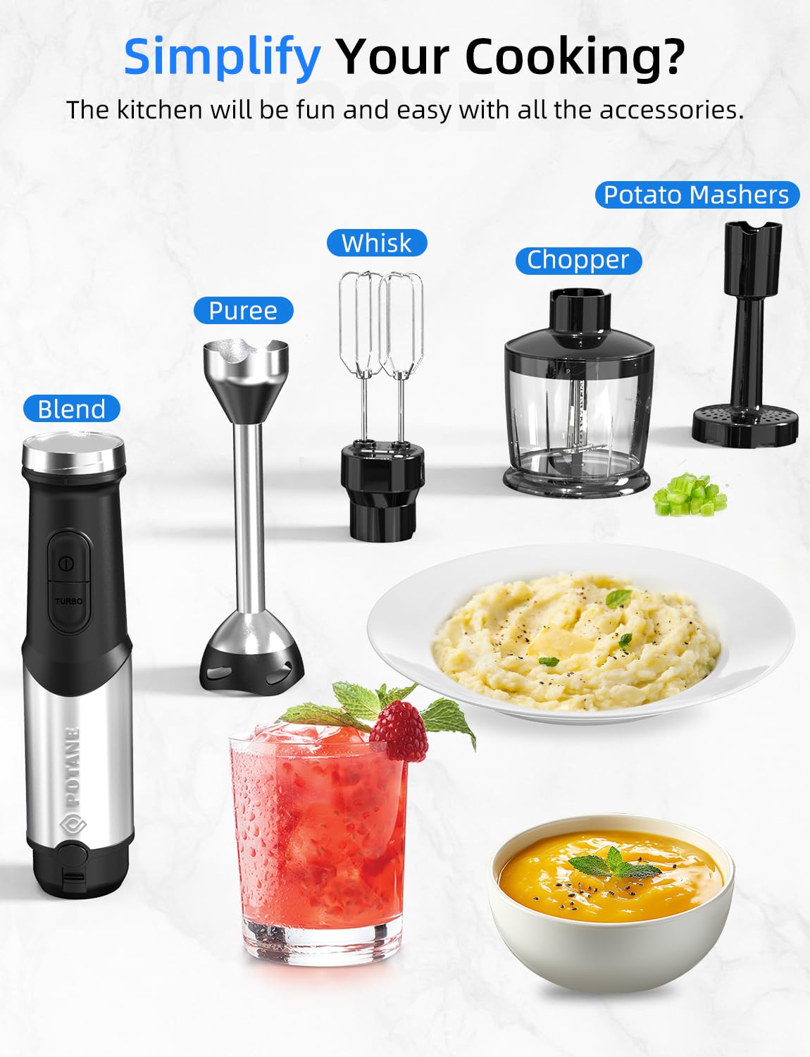 Immersion Blender, Heavy Duty Copper Motor, Stainless Steel Smart Stick with Egg Beaters, Potato Masher, Chopper/Food Processor