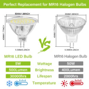 MR16 LED Bulbs 50W Halogen Equivalent,5000K Daylight White,AC/DC12V GU5.3 Bulb with 120° Wide Angle for Overhead Tracking Flood Recessed Accent Landscape Lighting,5W 500LM,Non-Dimmable,6 Pack