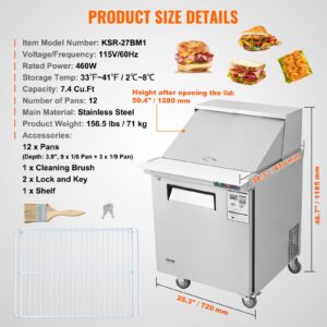 VEVOR 28" Commercial Refrigerator Sandwich & Salad Prep Table, 7.4 Cu. Ft Stainless Steel Refrigerated Food Prep Station with 12 Pans, Cut Board, Frost Free Refrigerator with Lock for Restaurant