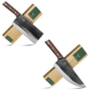 tan ren 8 inch cleaver knife and 8 inch butcher knife for meat cutting, high carbon steel boning knife, full tang meat cleaver knife for home kitchen