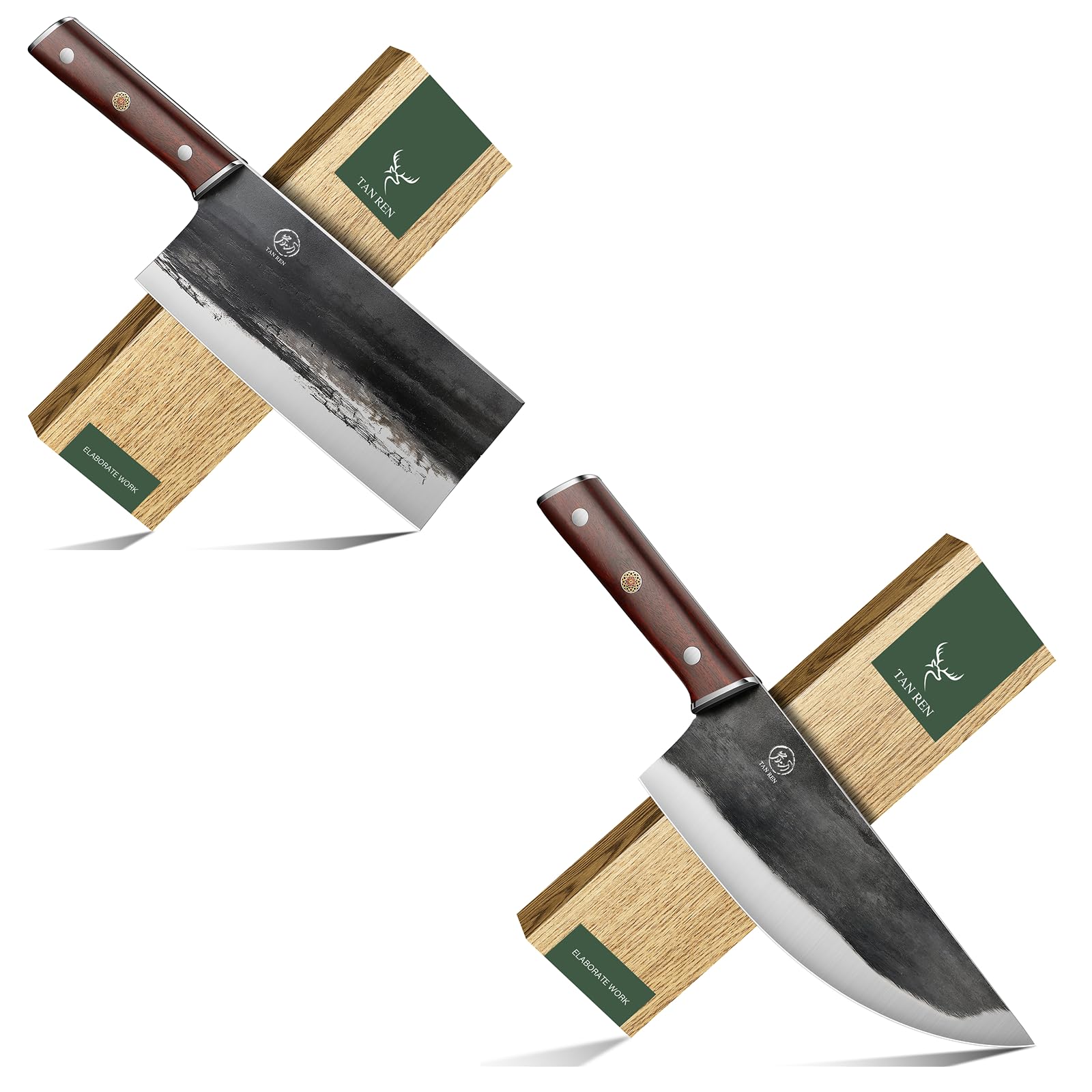 TAN REN 8 Inch Cleaver Knife and 8 Inch Butcher Knife for Meat Cutting, High Carbon Steel Boning Knife, Full Tang Meat Cleaver Knife for Home Kitchen