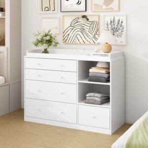 tamune dresser with 5 drawers, white chest of drawers with open shelves, modern 5 drawer chest with knobs, 5 drawer dresser cabinet for bedroom living room, 19.7”d x 47.2”w x 36.1”h