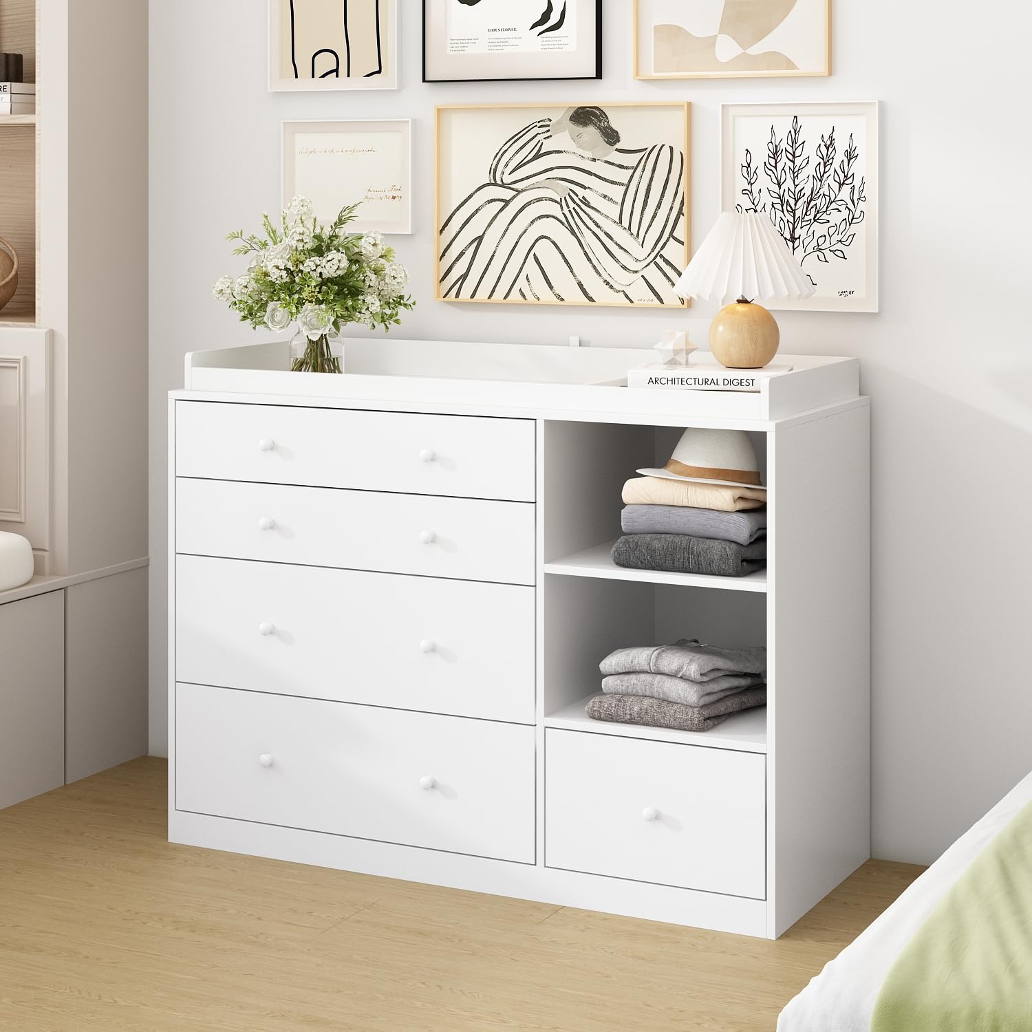 TAMUNE Dresser with 5 Drawers, White Chest of Drawers with Open Shelves, Modern 5 Drawer Chest with Knobs, 5 Drawer Dresser Cabinet for Bedroom Living Room, 19.7”D x 47.2”W x 36.1”H