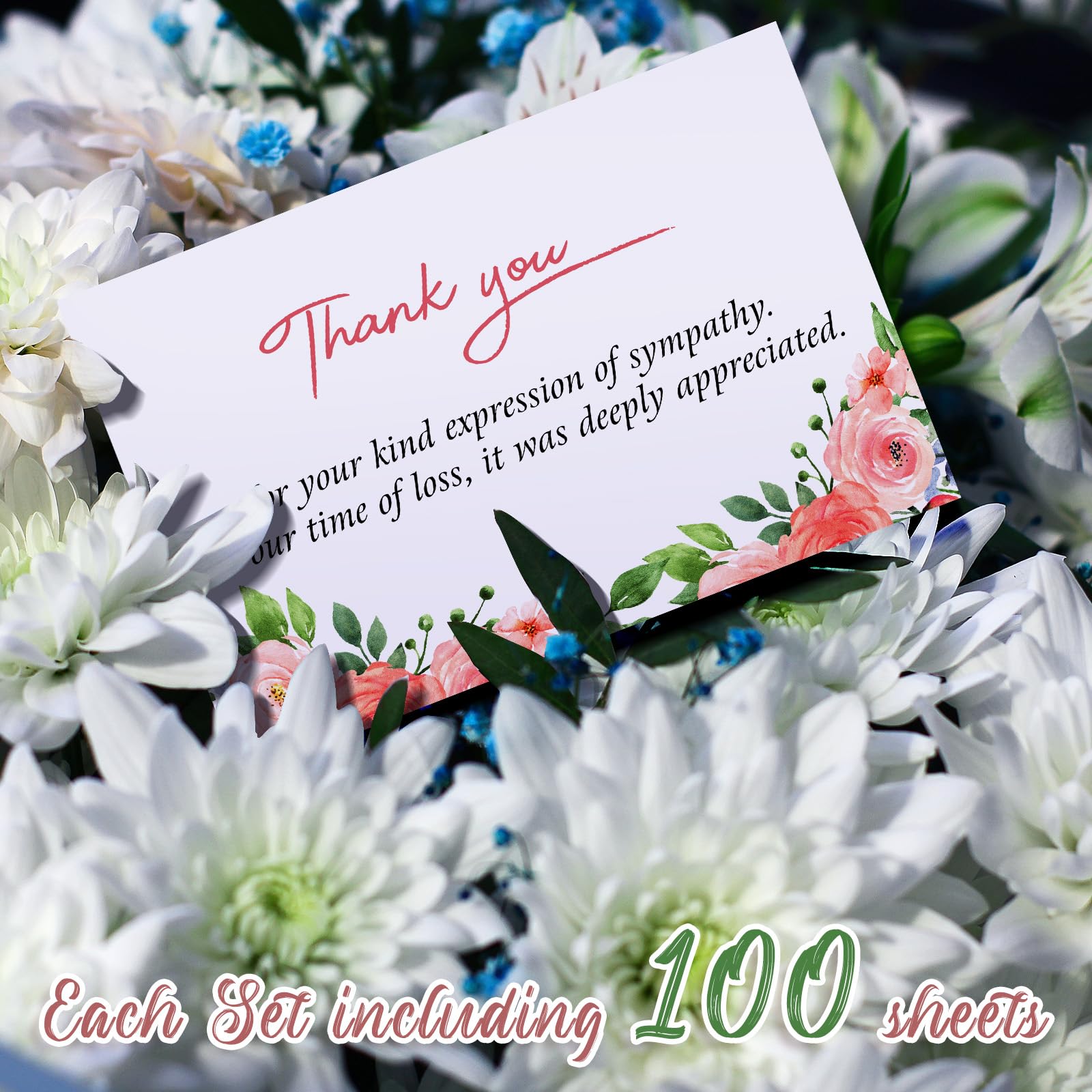 Jetec 100 Pack Pink Rose Funeral Sympathy Bereavement Thank You Cards with Envelopes and Stickers Bulk Greeting Cards for Family Loved Ones Bus Driver Wishes Holiday Celebration