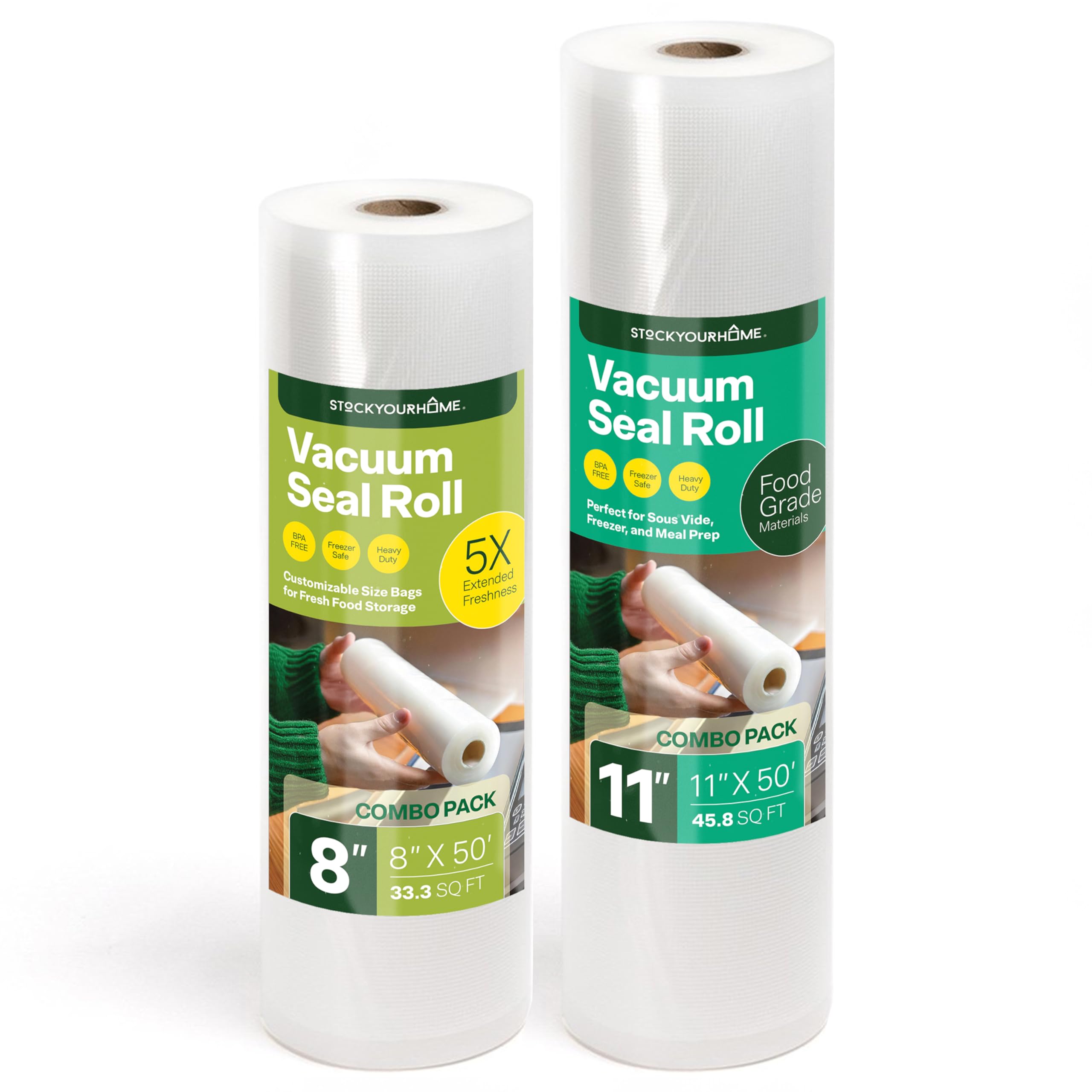 8" & 11" x 50' Vacuum Seal Bags Rolls (Combo Pack), Vacuum Seal Bags for Food Saver, Freezer, Microwave, and Boil Safe Vacuum Sealer Bags Rolls