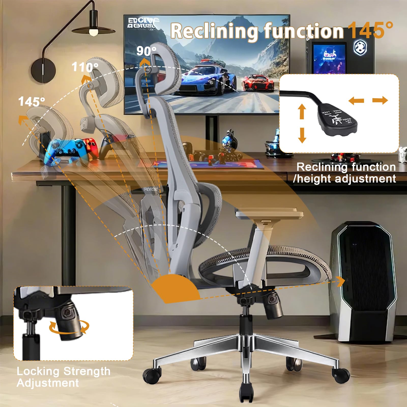 HDHNBA Ergonomic Office Chair,High Back Mesh Desk Chair with 3D Armreat Adjustable headrest, Reclining Comfy Computer Gaming Chair with Lumbar Support, Tilt Function