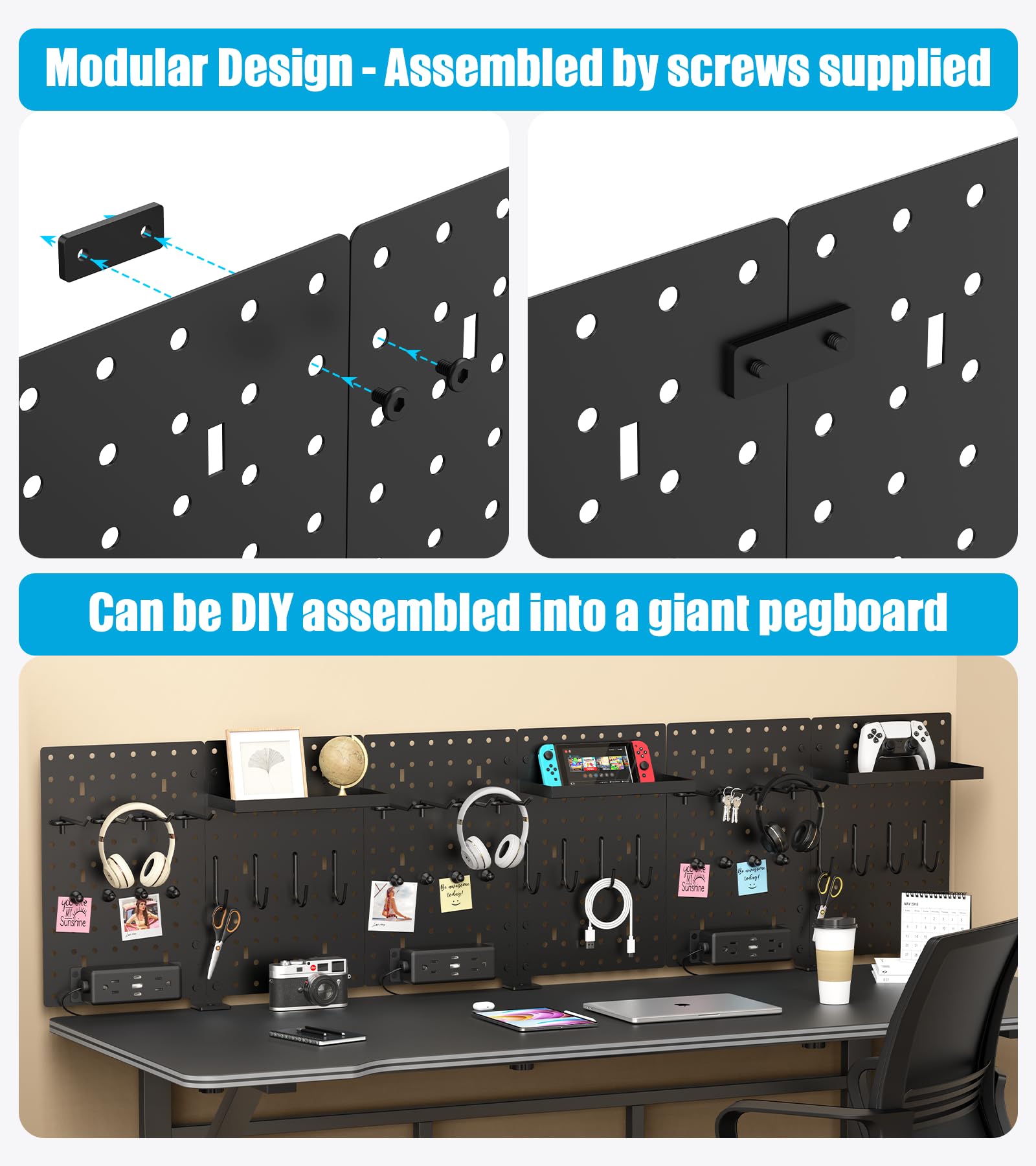 CCCEI Desk Organizer and Storage Pegboard with Charging Station, Gaming Standing Office Supplies Shelf Accessorie, Black Desktop Clamp Peg Board Privacy Organization Panel. Gifts for Men, 6FT.