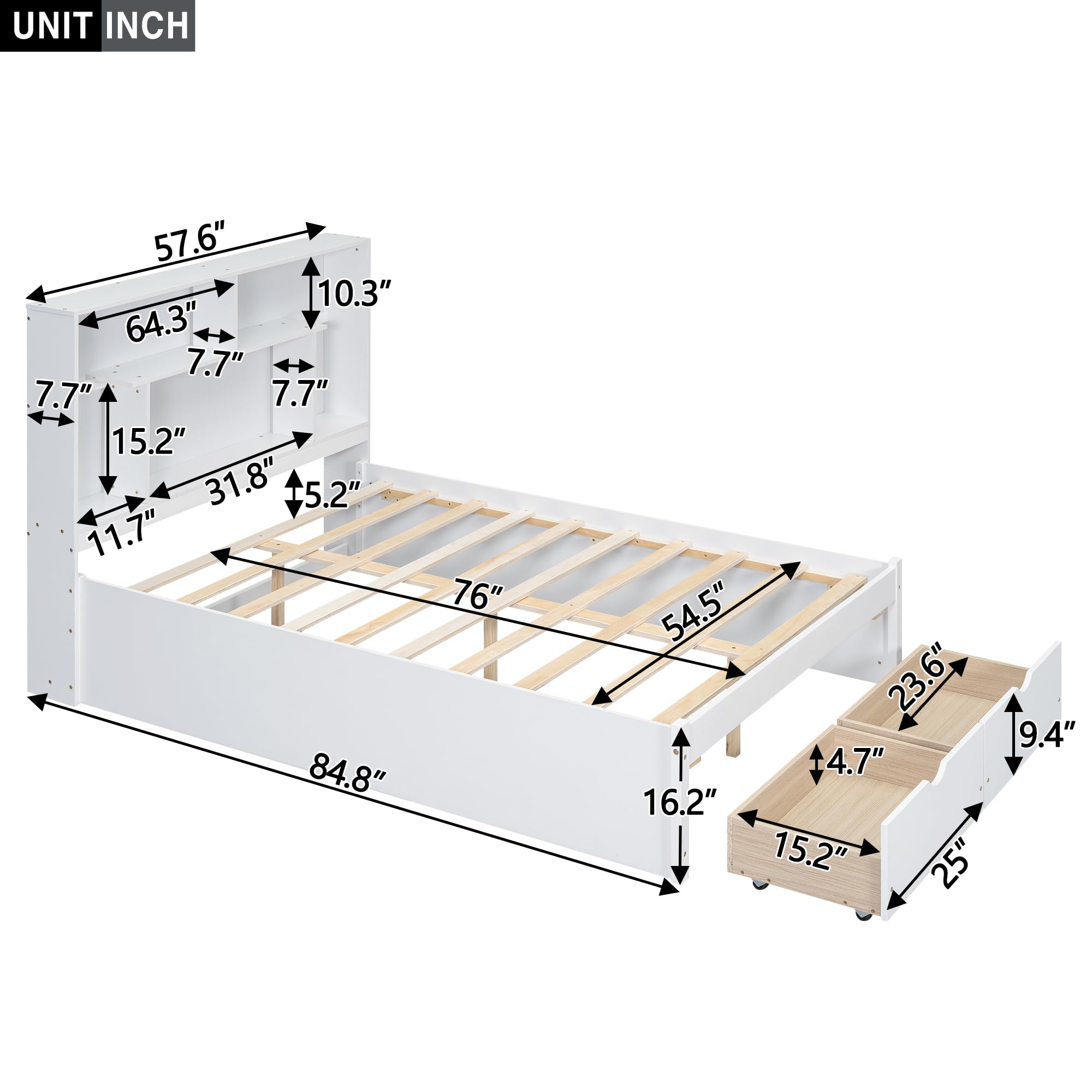 Harper & Bright Designs Full Platform Bed with Storage Headboard & 2 Drawers, Wooden Full Storage Bed Frame with Sturdy Slat Support for Kids Teens Adults, White