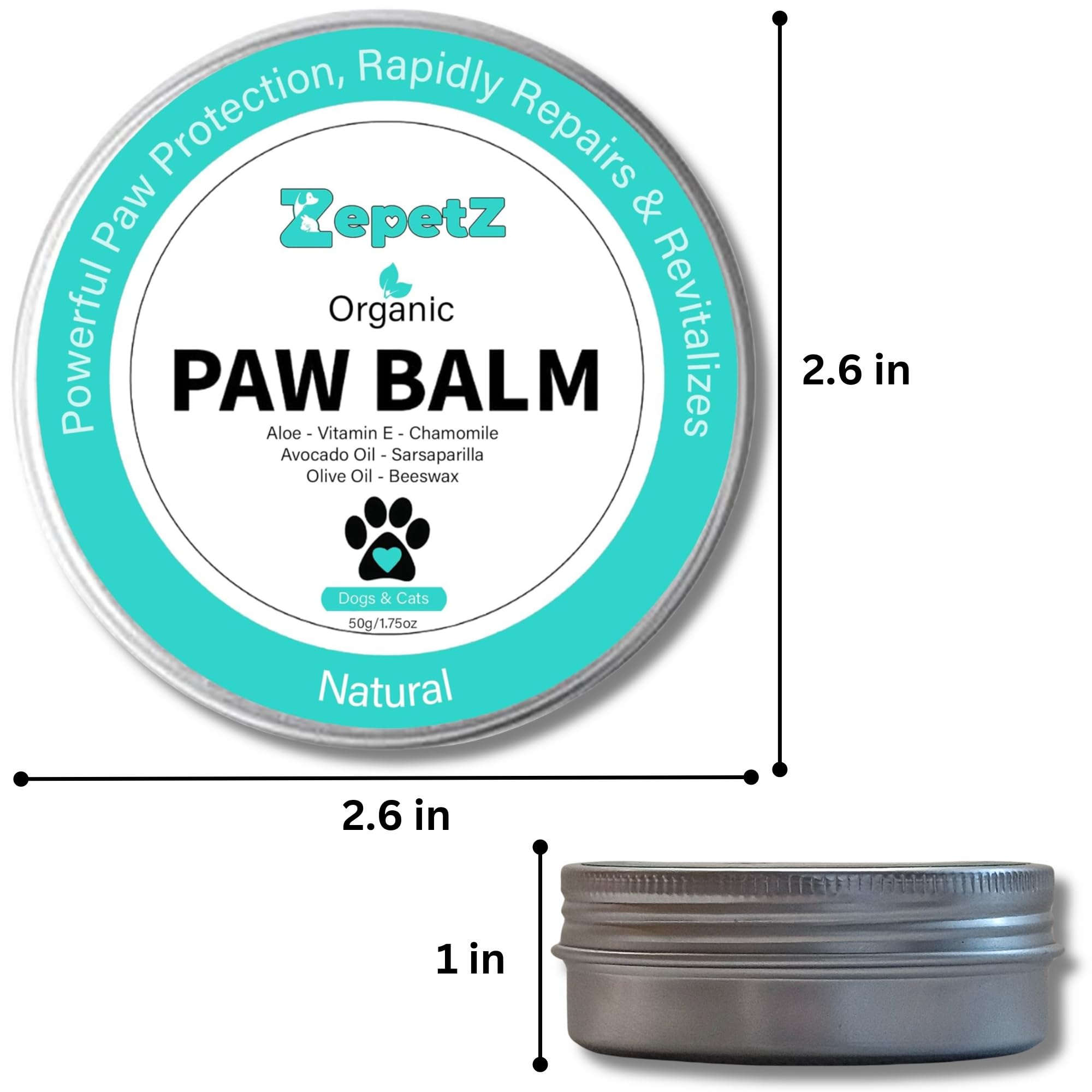 ZepetZ Paw & Nose Balm for Dogs and Cats - Lick-Safe, 100% Organic & Natural. Heals, Repairs, and Restores Dry, Cracked, and Damaged Paws & Noses. Moisturizes, Protects, Soothes & Revitalizes 1.75 oz.