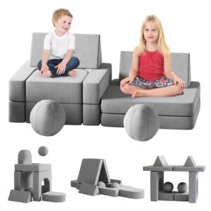 neoriver kids couch, 10pcs modular kids play couch with 2 balls and tunnel, fold out toddler couch for playroom bedroom, creative kids sectional foam sofa for boys and girls, grey