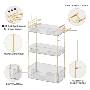 akinbas 3 Tier Bathroom Organizer Countertop Makeup Perfume Tray Skincare Organizer Comes with Hair Dryer Rack and Toothbrush Holder for Bathroom Dresser Vanity (White)