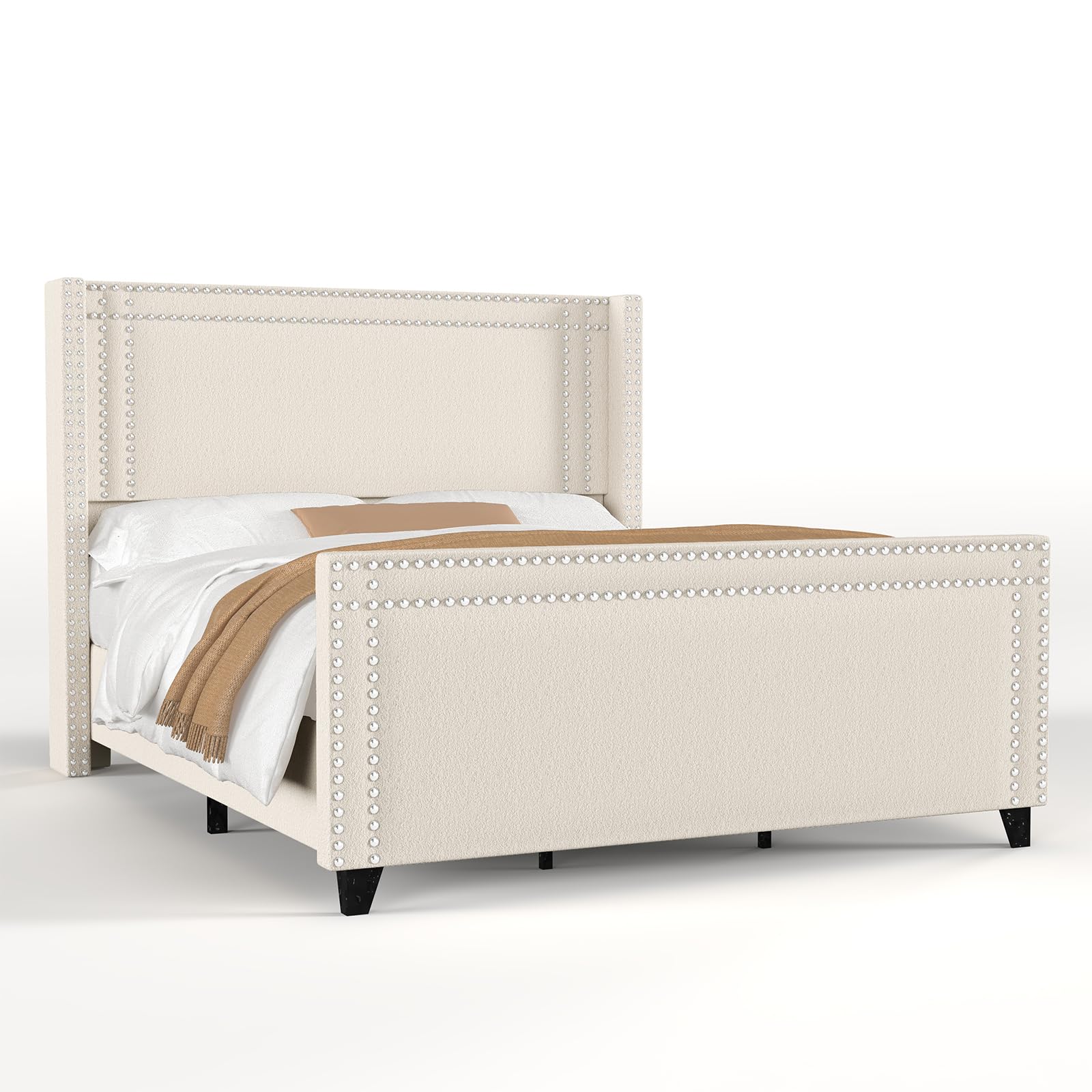 Jocisland Queen Size Bed Frame, Chenille Upholstered Platform Bed with Wingback Headboard & Footboard, Nailhead Trim, No Box Spring Needed, Cream