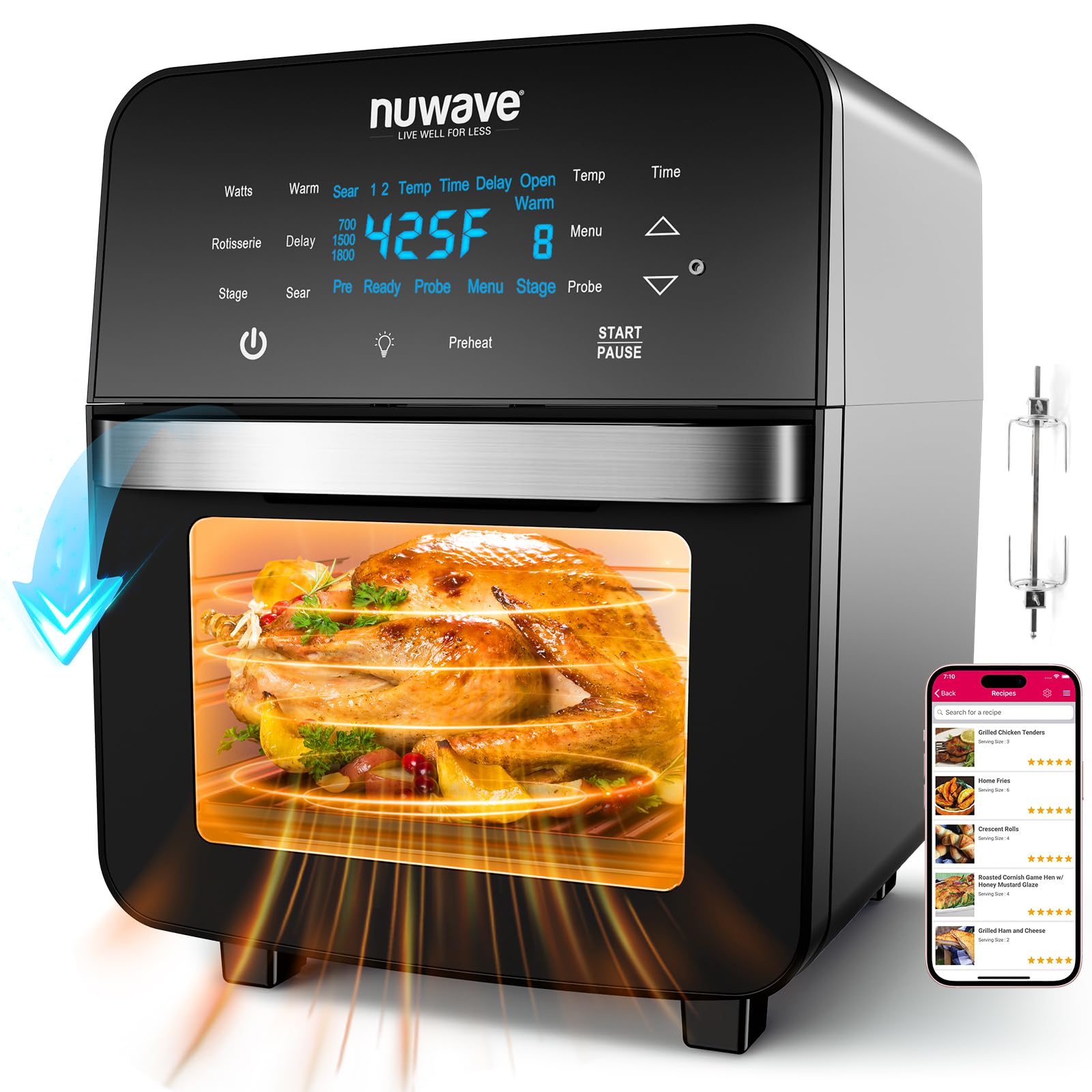 Nuwave Brio 15.5Qt Air Fryer Toaster Oven & Rotisserie Kit, 2024 New Advanced Turbo Convection Tech, Healthy PFAS Free, Max Even & Crisp, Powerful 1800W, 50-425°F, 150 Presets, Smart Probe, 4 Rack