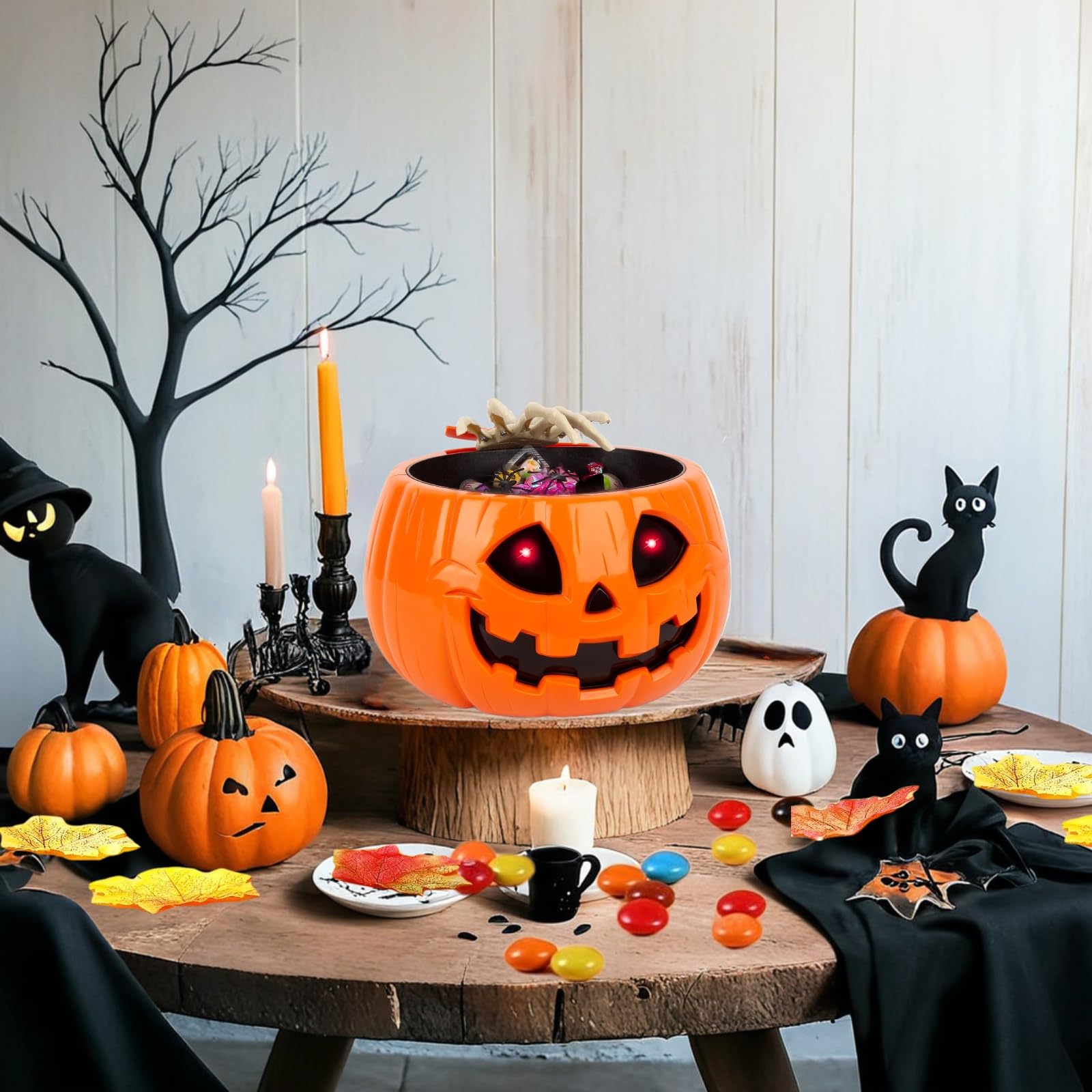 Anlass Halloween Candy Bowl Animated Pumpkin Candy Holder with Moving Skeleton Hand Creepy Sound and Red Eyes for Halloween Decorations Indoors and Trick or Treats