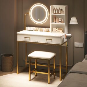 Dowinx Vanity Desk with LED Lighted Mirror & Power Outlet, White Vanity Desk with Adjustable 3 Lighting Modes, Small Vanity Desk for Bedroom, Makeup Vanity with Chair for Girl, Gold and White