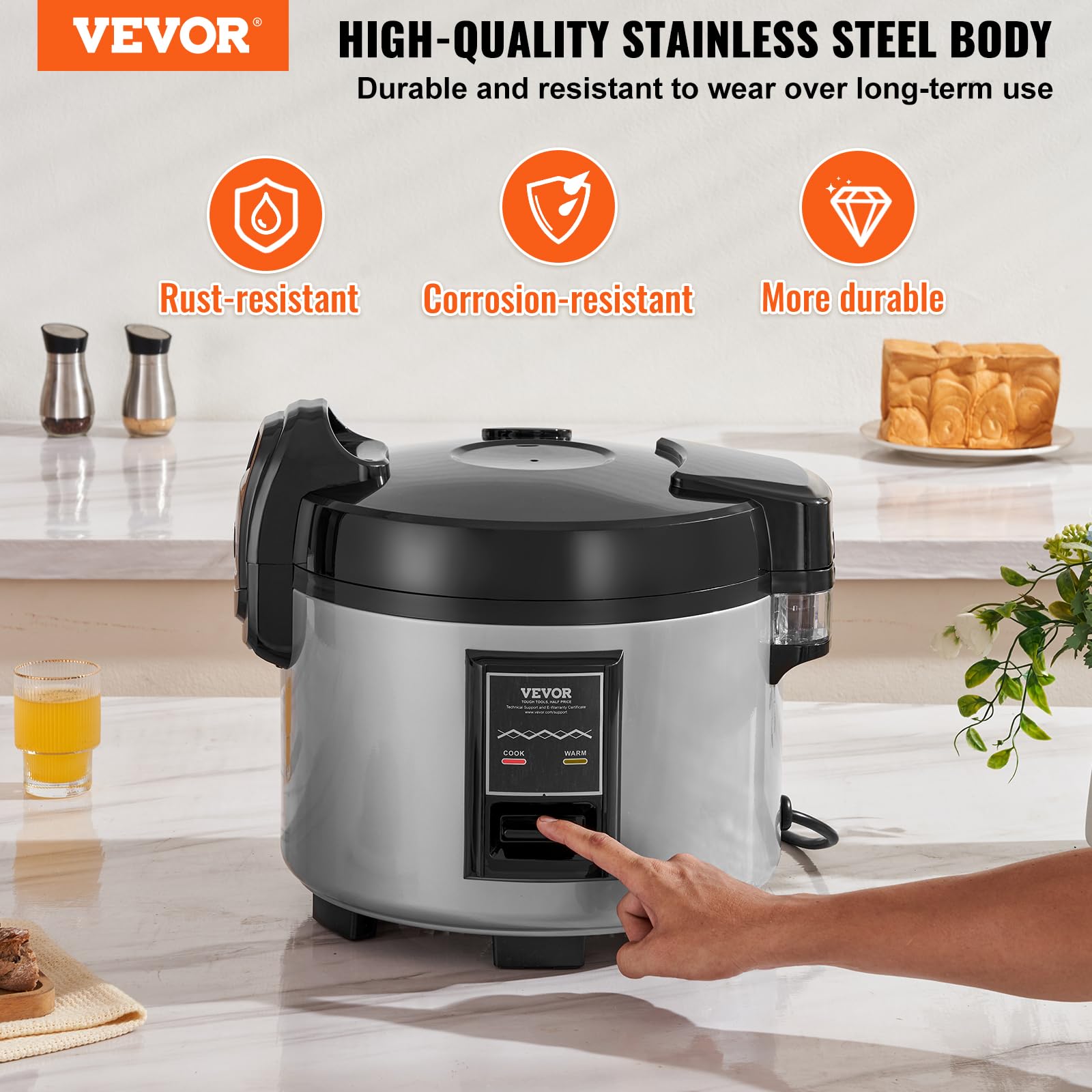 VEVOR Commercial Rice Cooker, 70-Cup Rice Cooker, 15.85 Qt / 15 Liter Large Rice Cooker and Warmer with Nonstick Inner Pot, Fast Cooking and 12-Hour Keep Warm, with Rice Cup and Paddle, for Restaurant