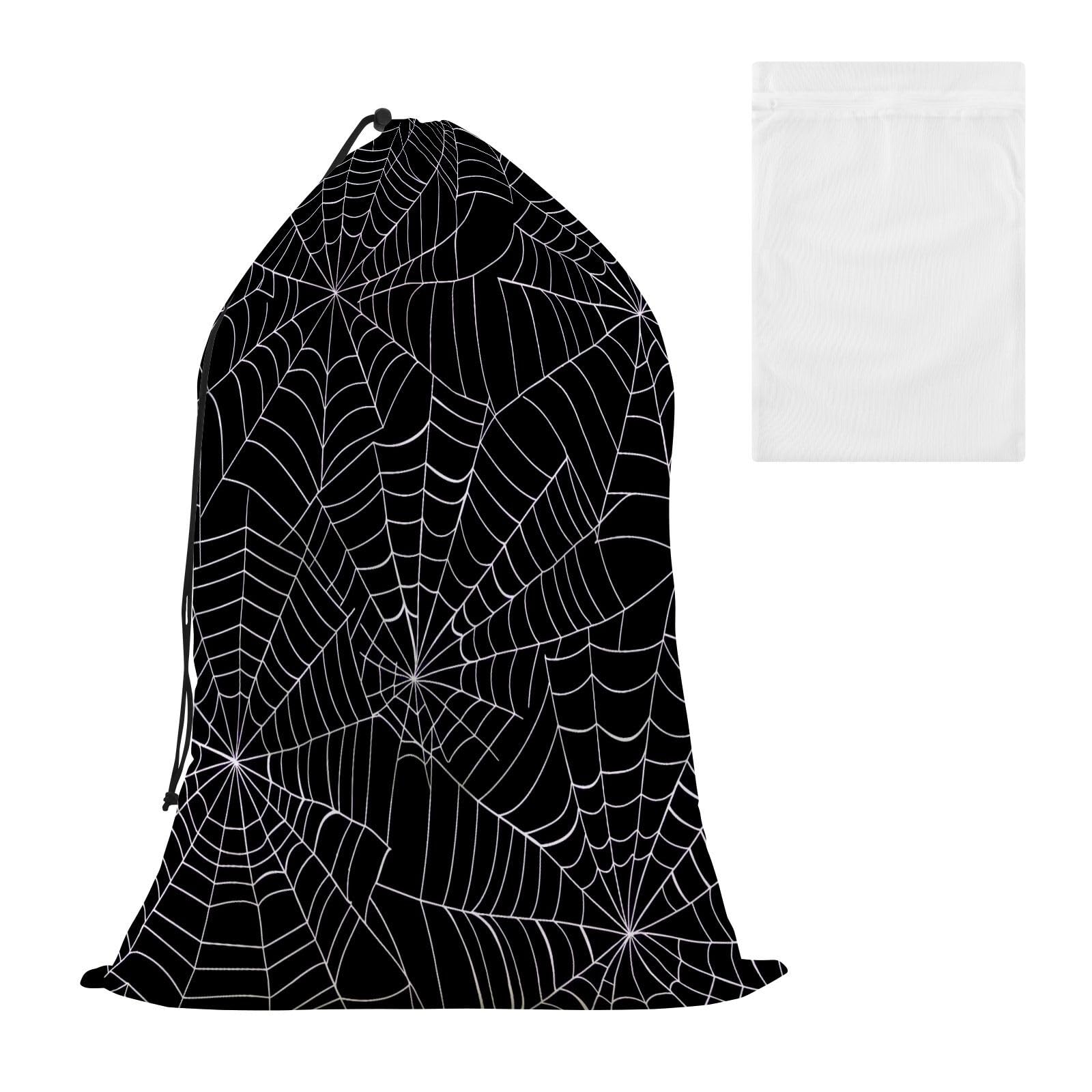 White Spider Webs Halloween Laundry Bag with Drawstring Closure Heavy Duty Extra Large Mesh Dirty Clothes Organizer Easy Fit a Laundry Hamper or Basket for College Dorm Apartments Travel, 24"x 36"