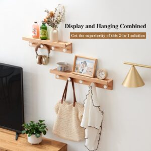 Sikflmi Wall Hooks with Shelf 24inch, Beech Wood Entryway Wall Hanging Shelf with 5 Hooks, Floating Shelf with Hooks Coat Rack for Bathroom, Living Room, Bedroom (24inch)