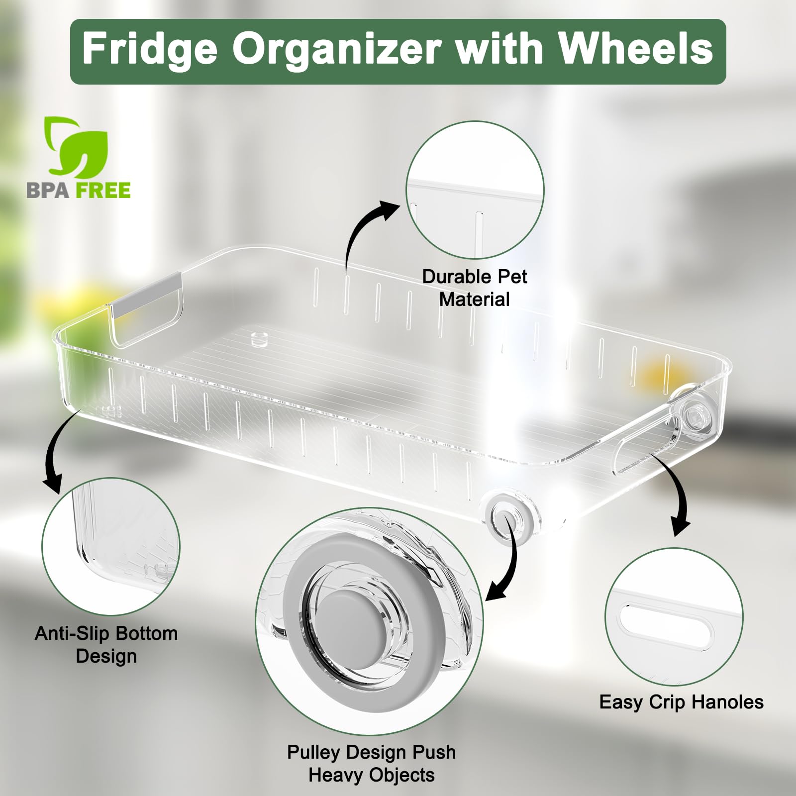 OZEPLASC Fridge Organizer with Wheels, 2 Pack Roll Out Refrigerator Drawer Organizer and Storage Clear Design with Dividers, Upgrade Thick Plastic Pantry Storage Bins, Kitchen Organization(Short)