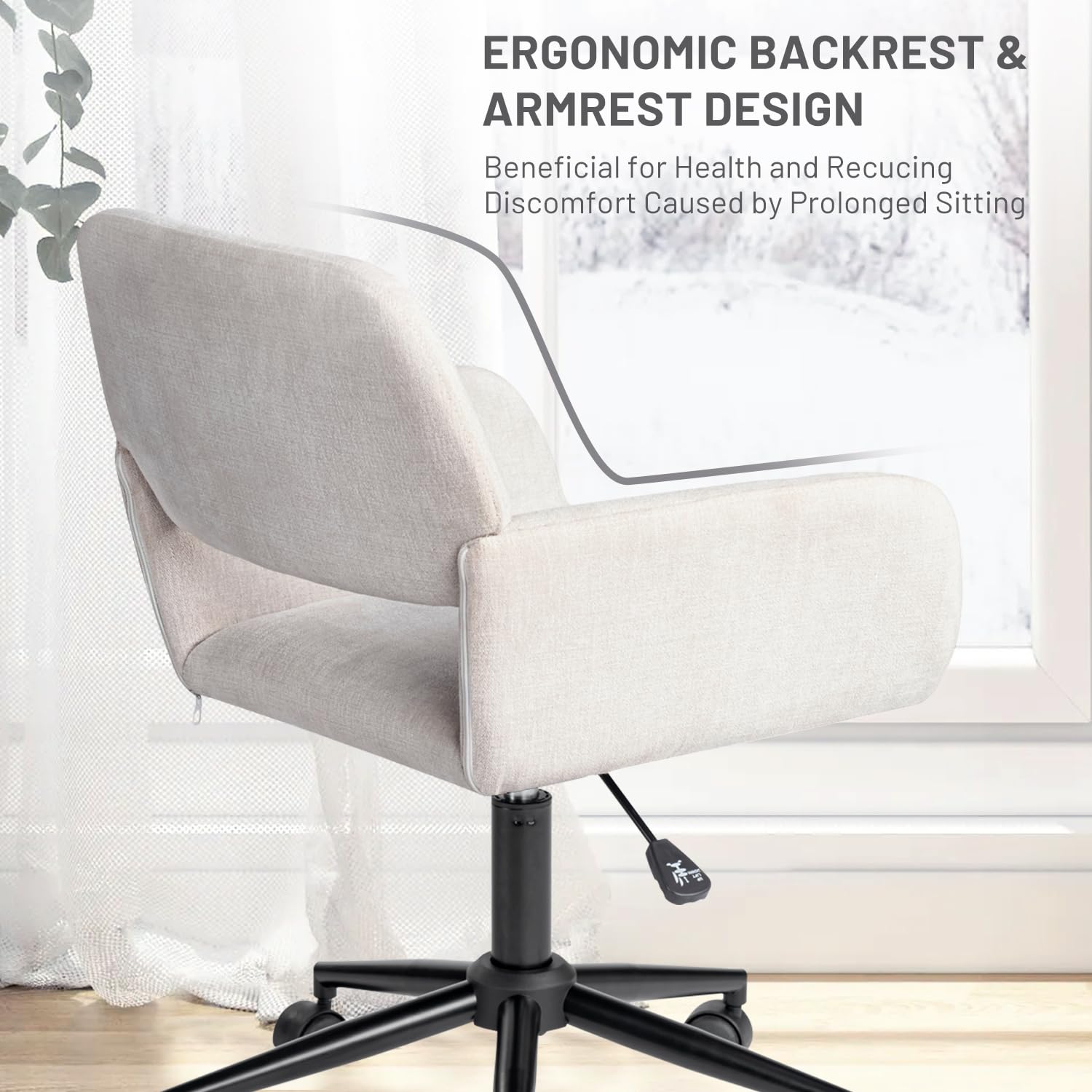 FurnitureR Home Office Chair, Mid Back Fabric Upholstered Vanity Desk Chairs with Rolling Wheels, Adjustable Study Chair Task Chair for Living Room, Bedroom, Small Spaces - Beige