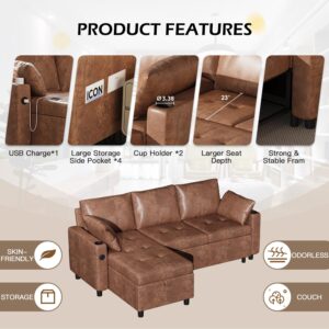 Esright Sleeper Sofa Couch with Pullout Bed, Faux Leather Sofa Bed Pull Out Couch Bed Sofa Pull Out Couch with Storage, Sectional Sleeper Sofa Couch with Pull Out Bed for Living Room Clearance, Brown