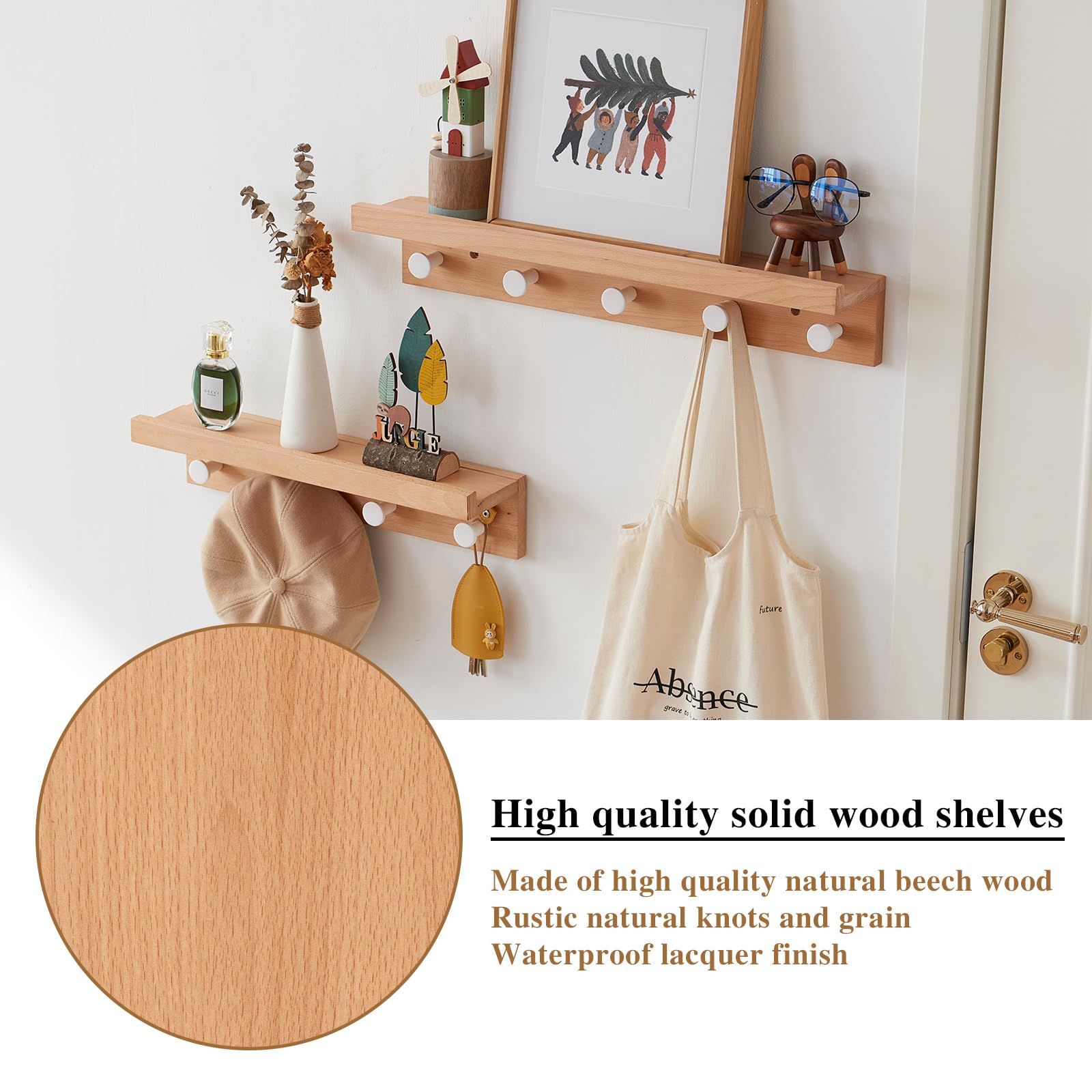 Sikflmi Wall Hooks with Shelf 24inch, Beech Wood Entryway Wall Hanging Shelf with 5 Hooks, Floating Shelf with Hooks Coat Rack for Bathroom, Living Room, Bedroom (24inch)