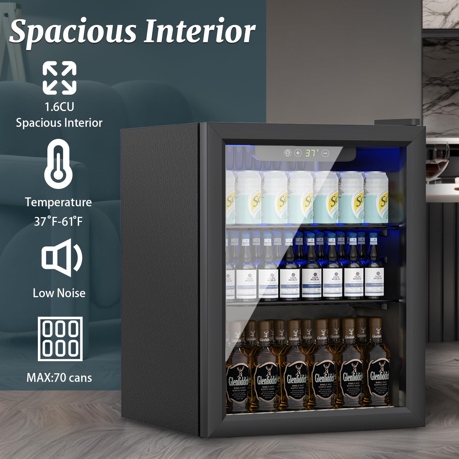 DOGHLY 1.6 Cu.ft Beverage Refrigerator Cooler, 70 Can Mini Fridge with Glass Reversible Door, Digital Temperature Display for Soda, Beer or Wine For Office or Bar with Adjustable Removable Shelves