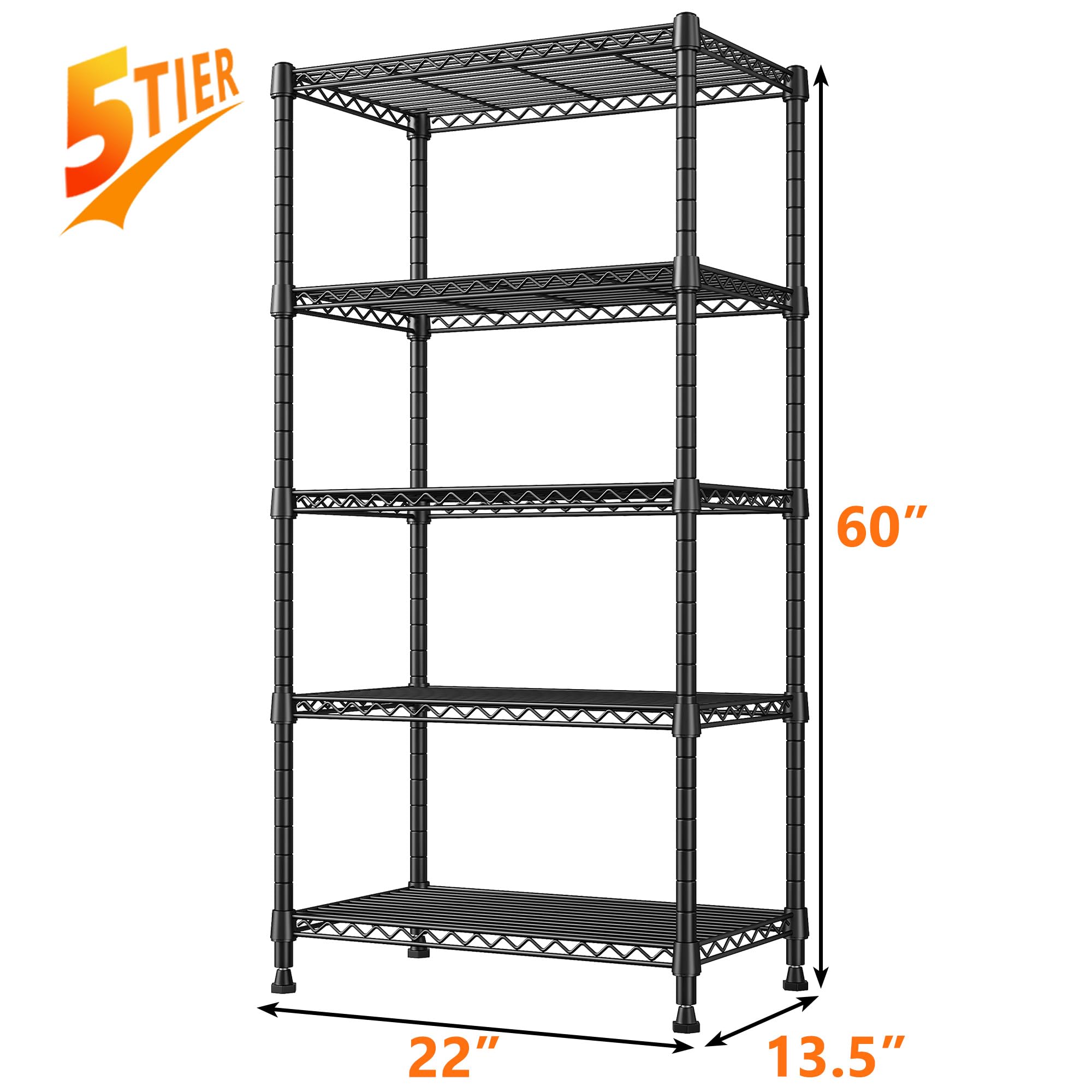 REIBII 1000LBS Wire Shelving Unit, 5 Tier Adjustable Metal Storage Shelves for Kitchen Pantry Office Steel Organizer Wire Rack for Narrow Space College Dorm School, 13.4" D x 23.2" W x 60" H, Black