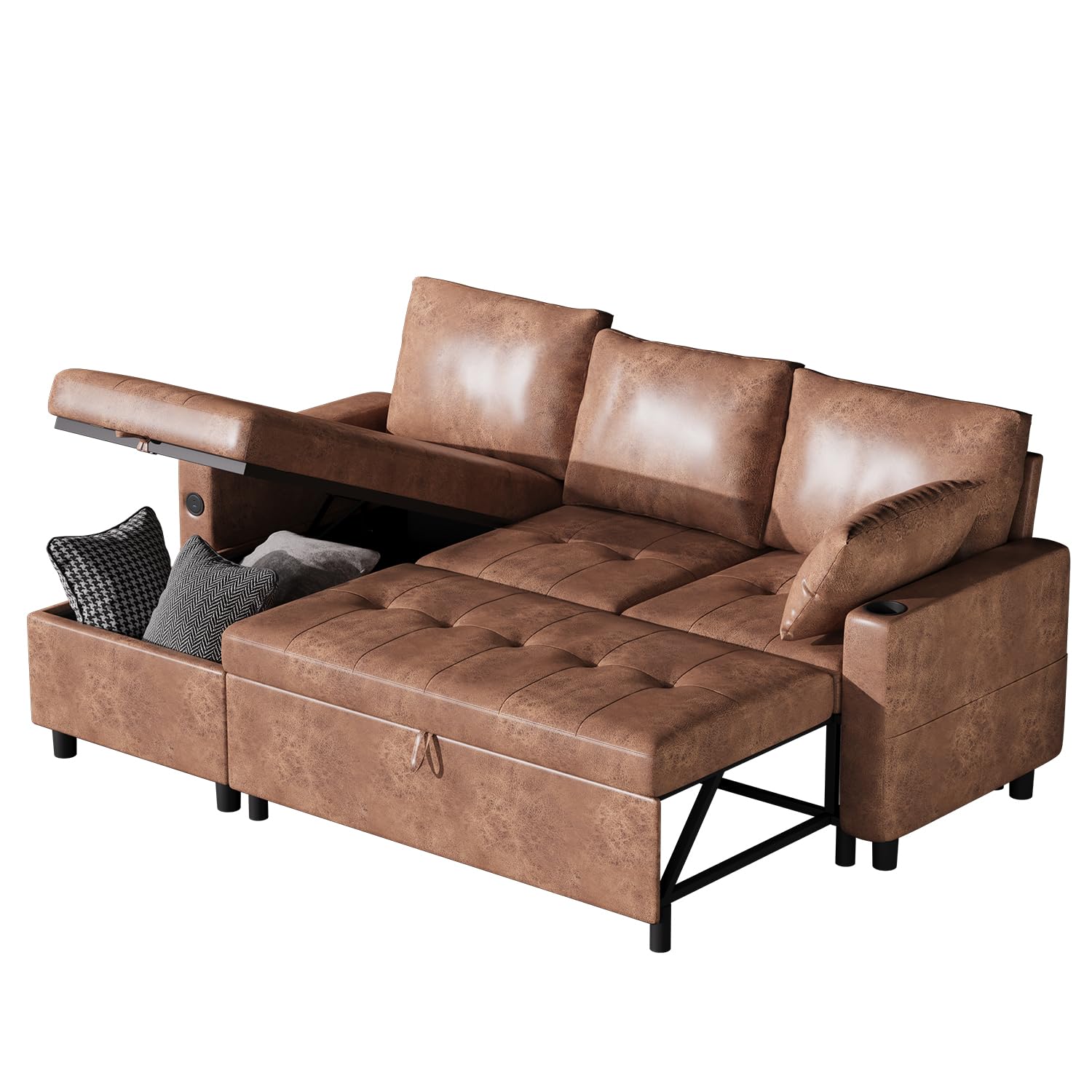 Esright Sleeper Sofa Couch with Pullout Bed, Faux Leather Sofa Bed Pull Out Couch Bed Sofa Pull Out Couch with Storage, Sectional Sleeper Sofa Couch with Pull Out Bed for Living Room Clearance, Brown