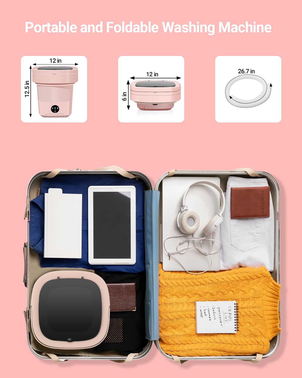 Portable Washing Machine, 11L Upgraded Large Capacity Foldable Mini Washer, Small Washing Machine for Apartments Travel Laundry Camping RV Dorm, Pink