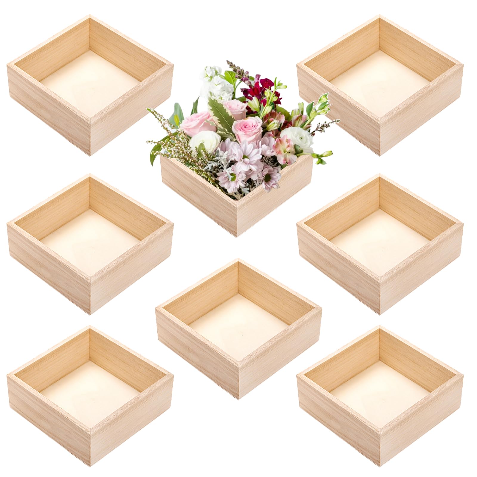 Frcctre 8 Pack Unfinished Wooden Box, 6 x 6 Inch Square Rustic Wooden Box Storage Organizer Box Small Wooden Box for Crafts, Centerpiece, Home Decor, Storage, Collectibles, Succulent, Drawer